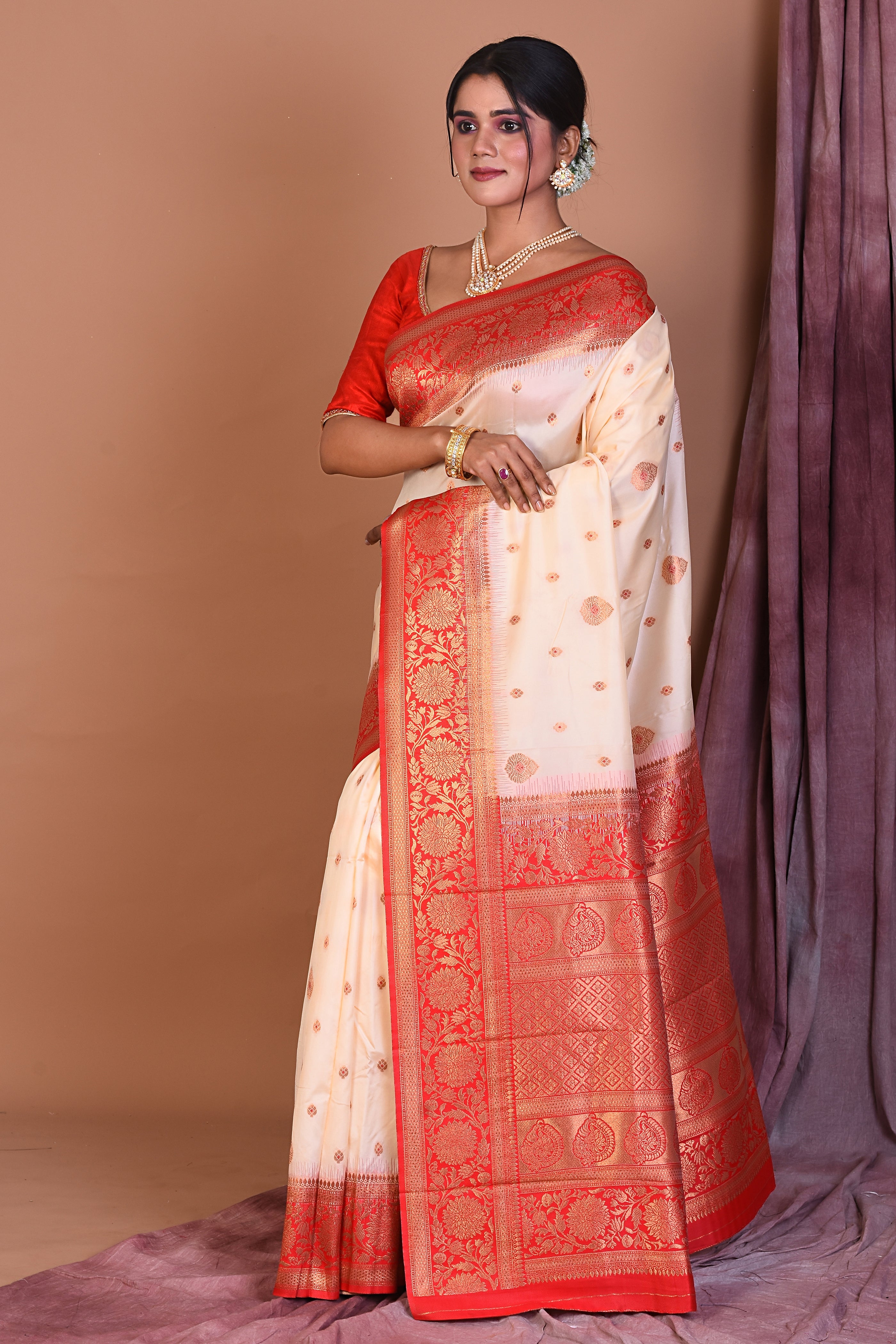 Designer Off-white Art Silk Saree with Red Borders - Keya Seth Exclusive