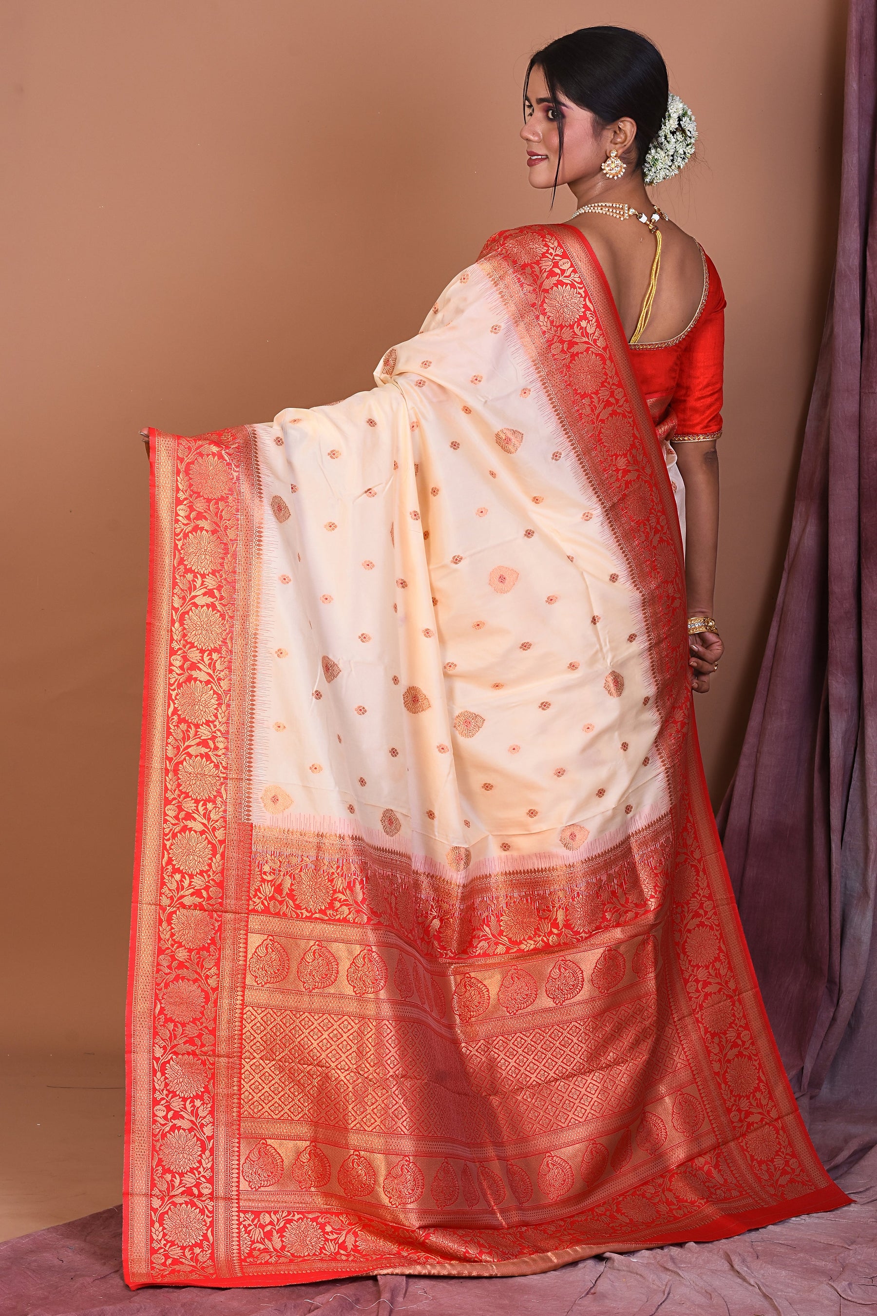 Designer Off-white Art Silk Saree with Red Borders - Keya Seth Exclusive