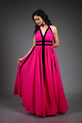 Fuchsia Pink Georgette Long Gown