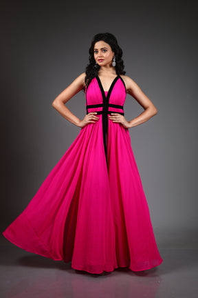 Fuchsia Pink Georgette Long Gown