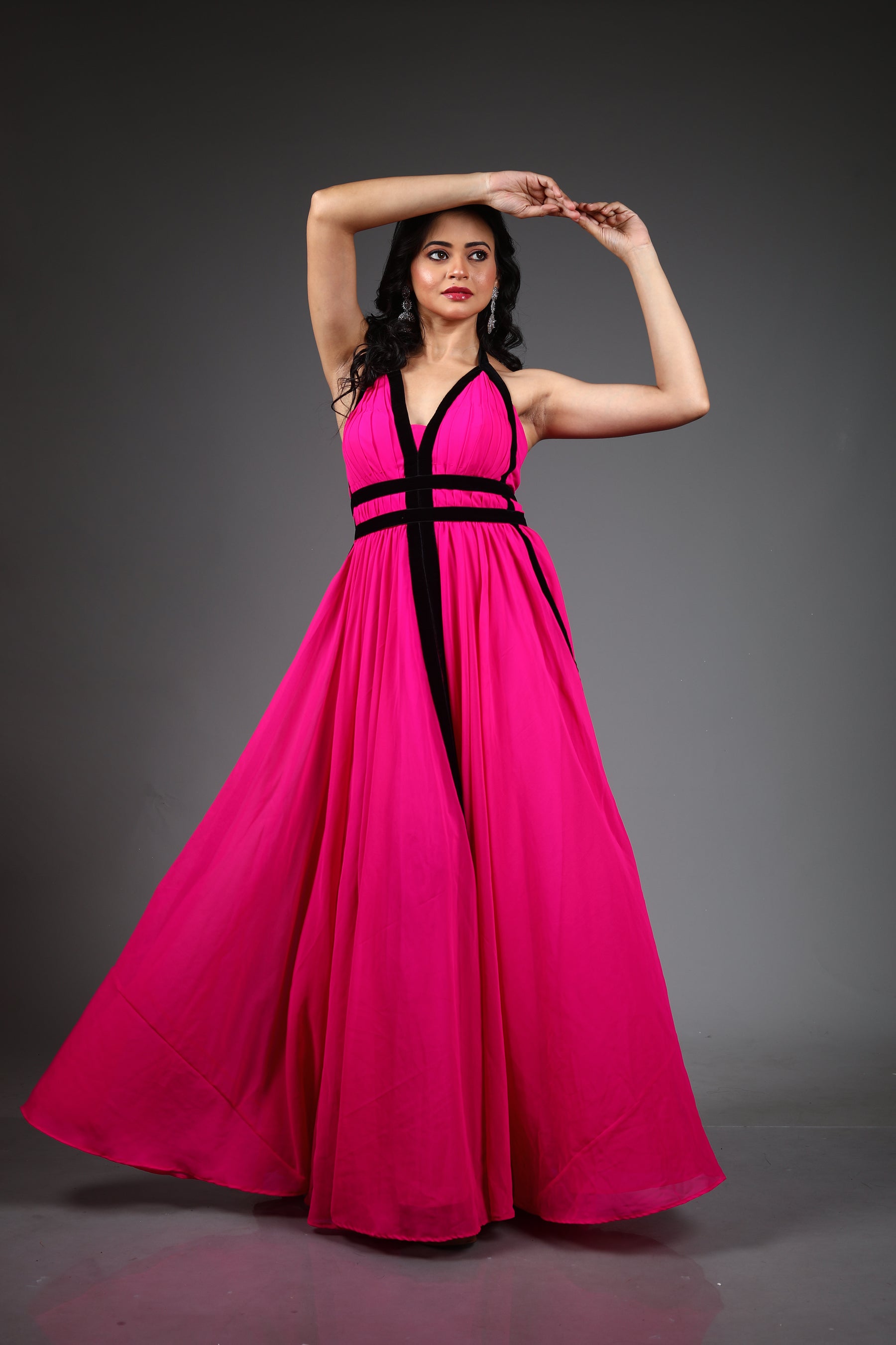 Fuchsia Pink Georgette Long Gown