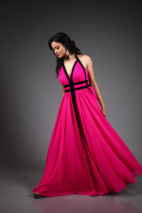 Fuchsia Pink Georgette Long Gown