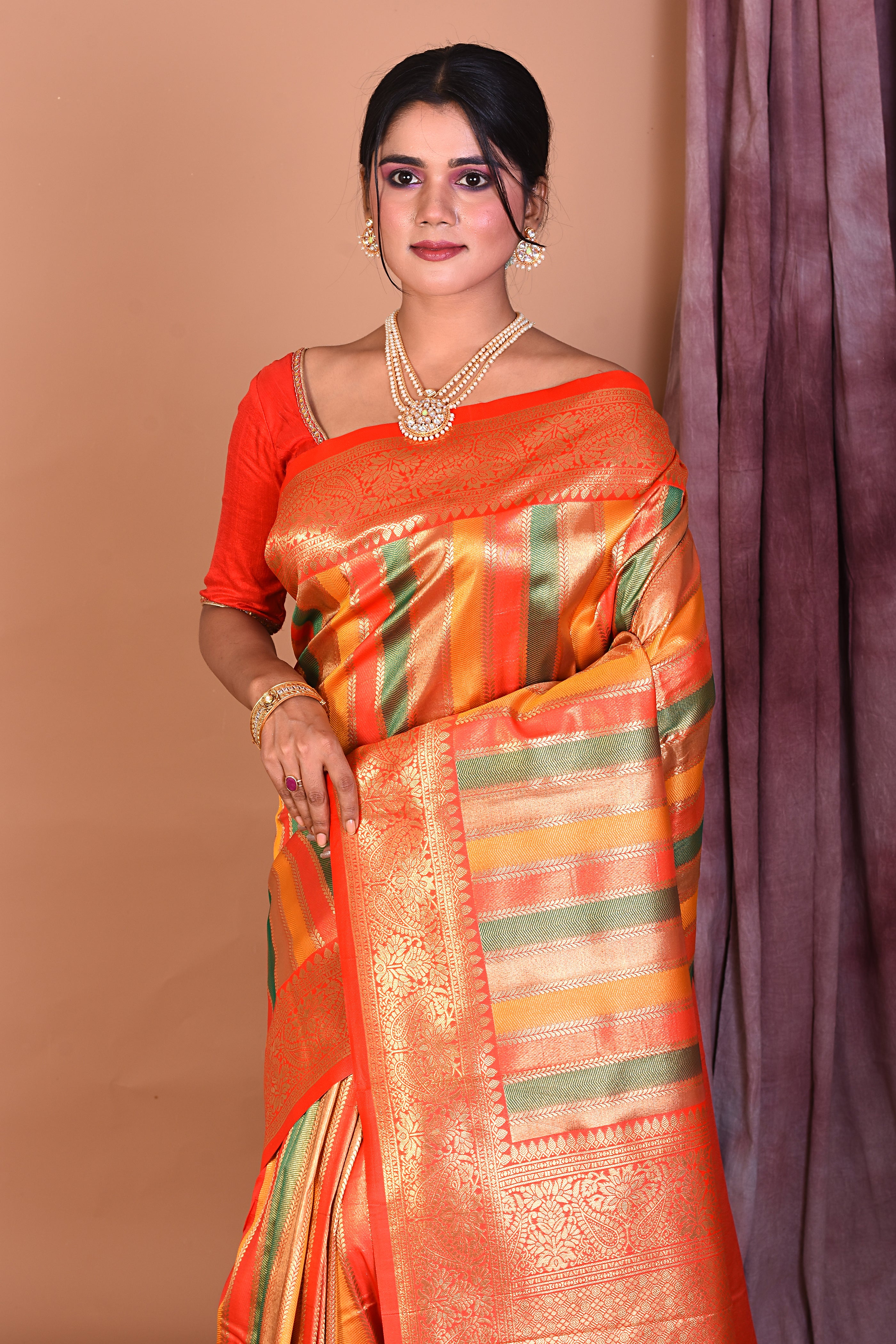 Red Rangkat Art Silk Saree with Golden Zari - Keya Seth Exclusive