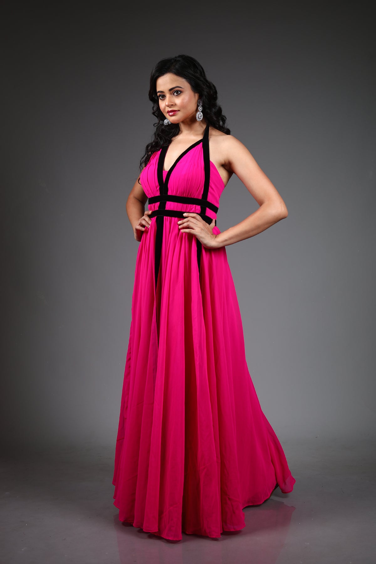 Fuchsia Pink Georgette Long Gown