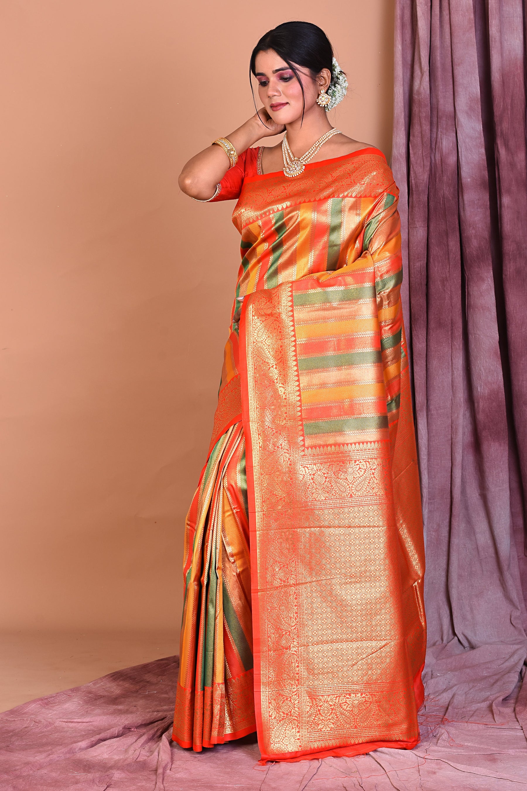 Red Rangkat Art Silk Saree with Golden Zari - Keya Seth Exclusive