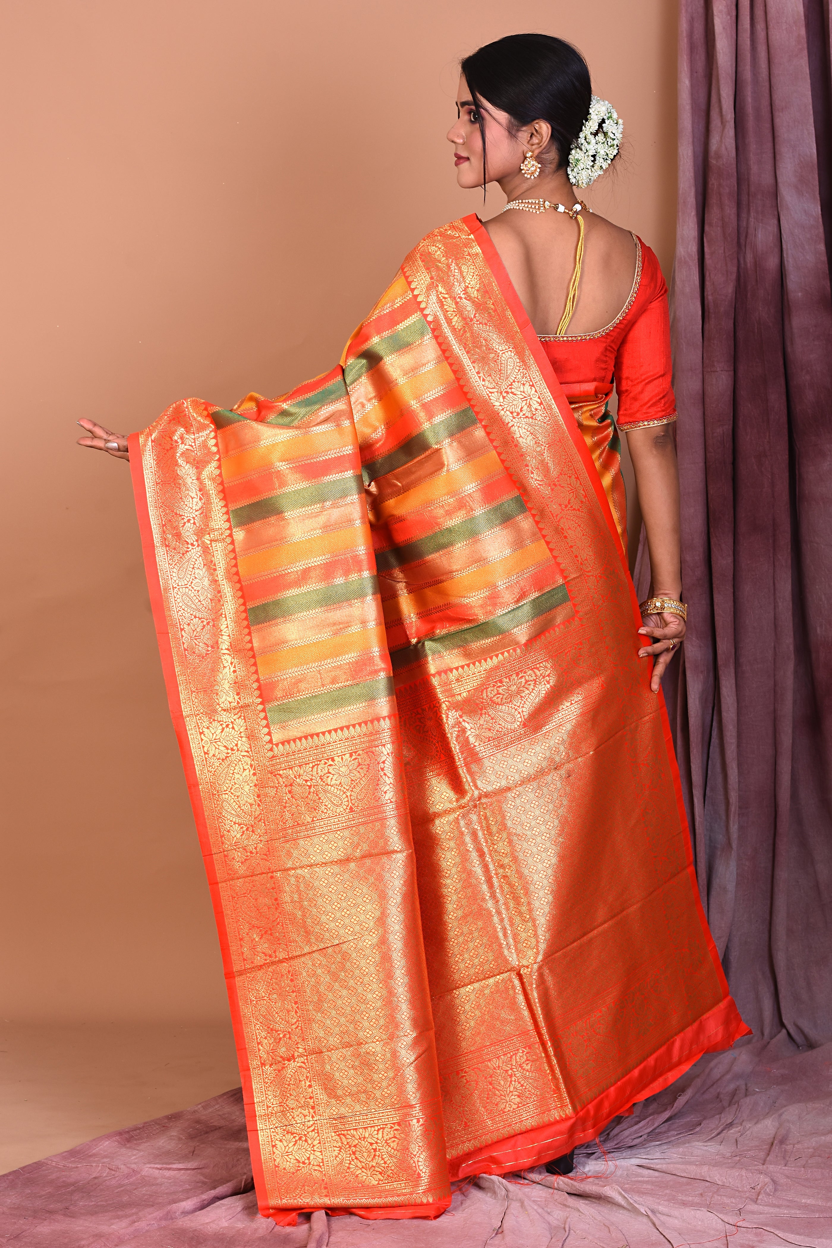 Red Rangkat Art Silk Saree with Golden Zari - Keya Seth Exclusive