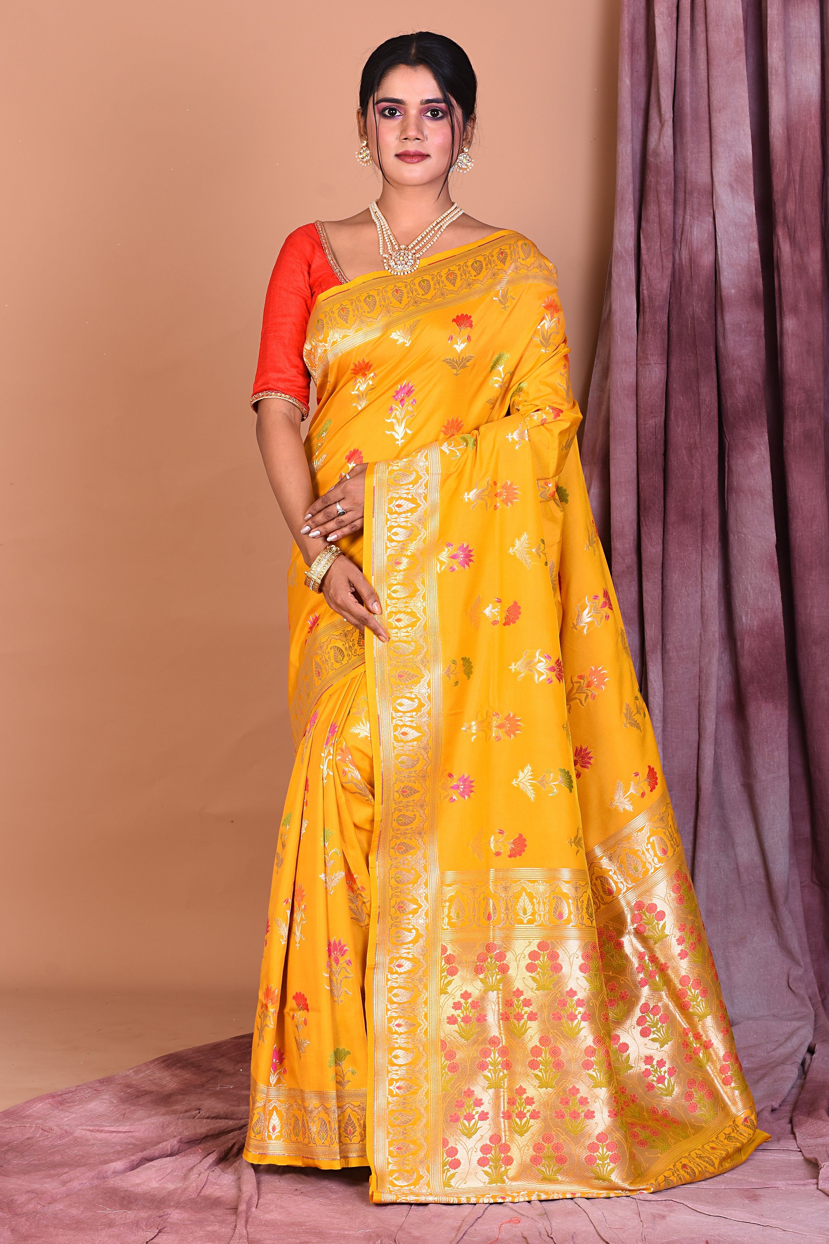 Yellow Semi Katan Saree with Red Borders - Keya Seth Exclusive