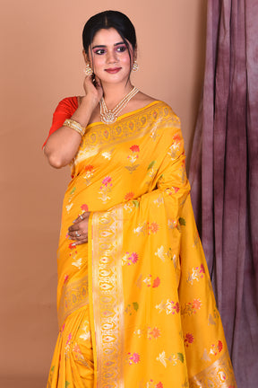 Yellow Semi Katan Saree with Red Borders - Keya Seth Exclusive