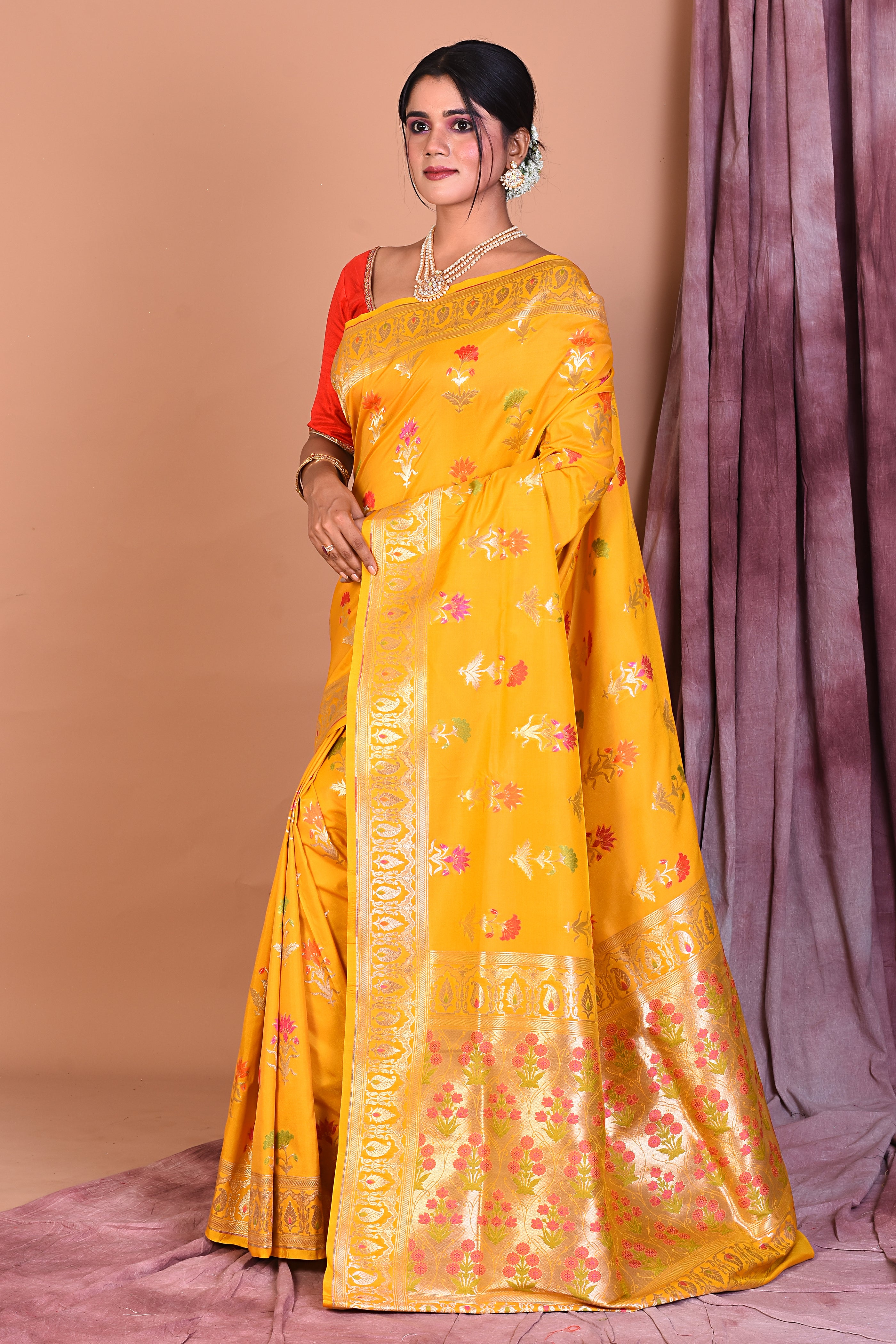 Yellow Semi Katan Saree with Red Borders - Keya Seth Exclusive