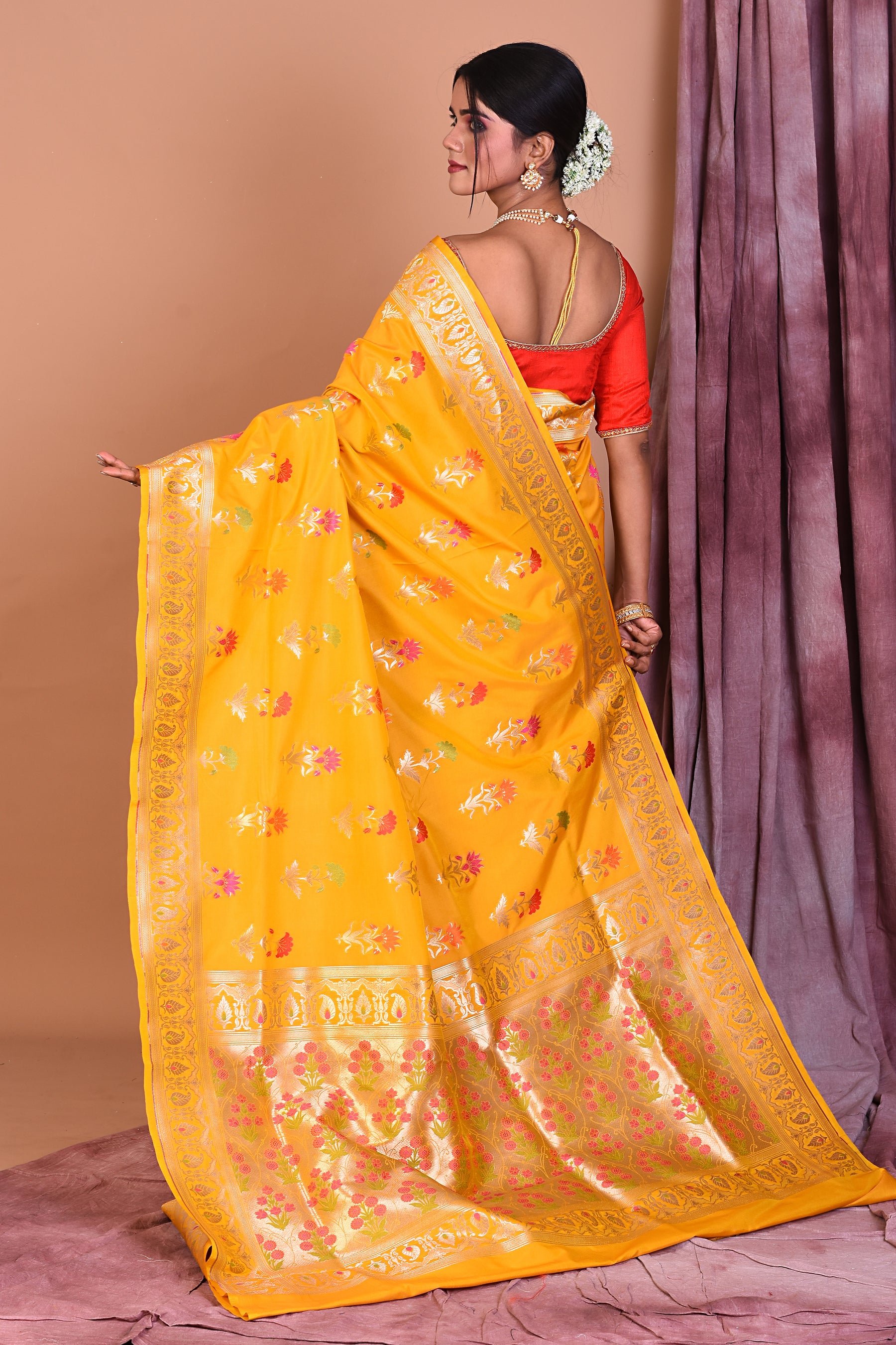 Yellow Semi Katan Saree with Red Borders - Keya Seth Exclusive