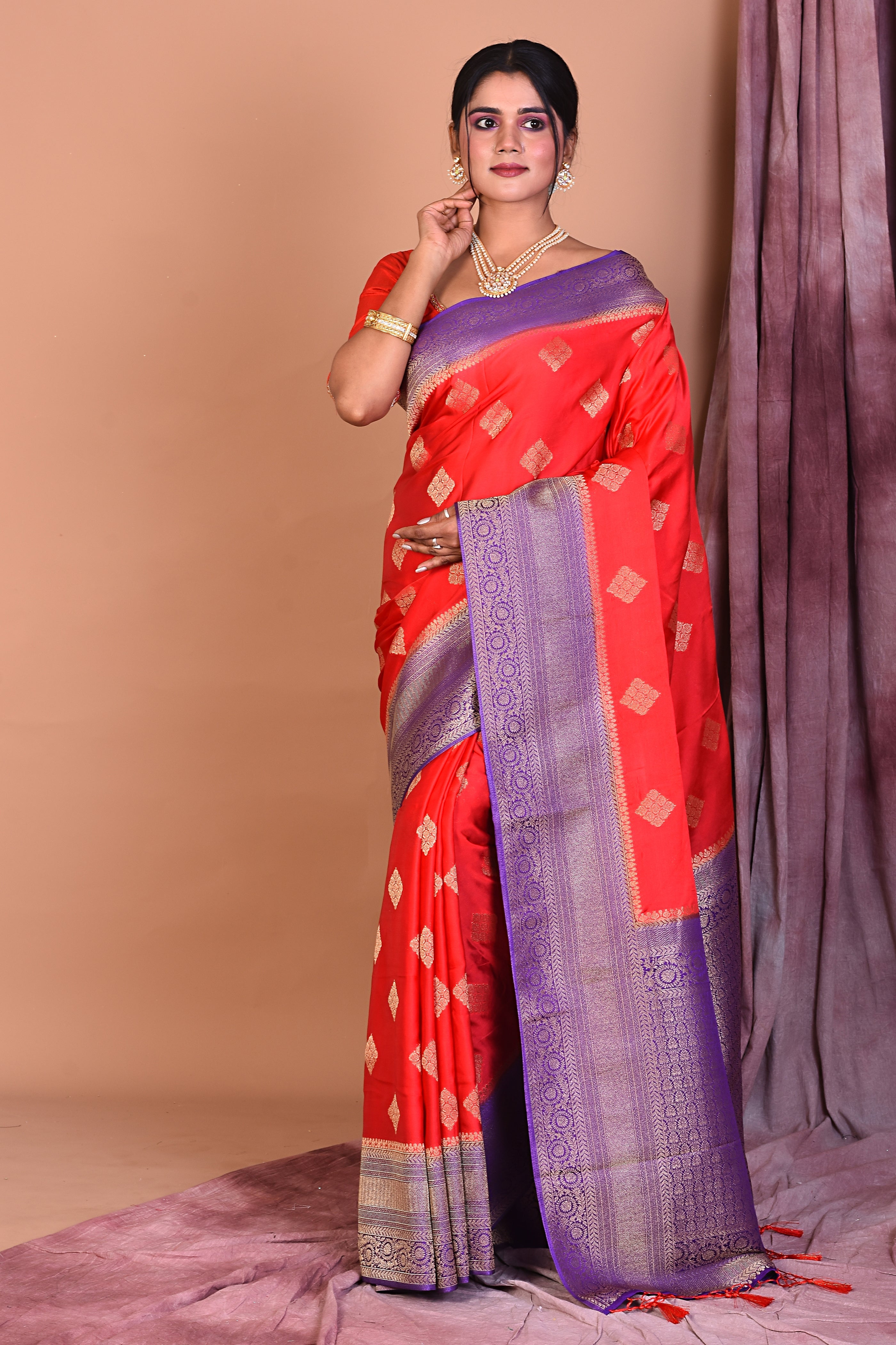 Designer Red Blended Silk Saree with Violet Borders - Keya Seth Exclusive