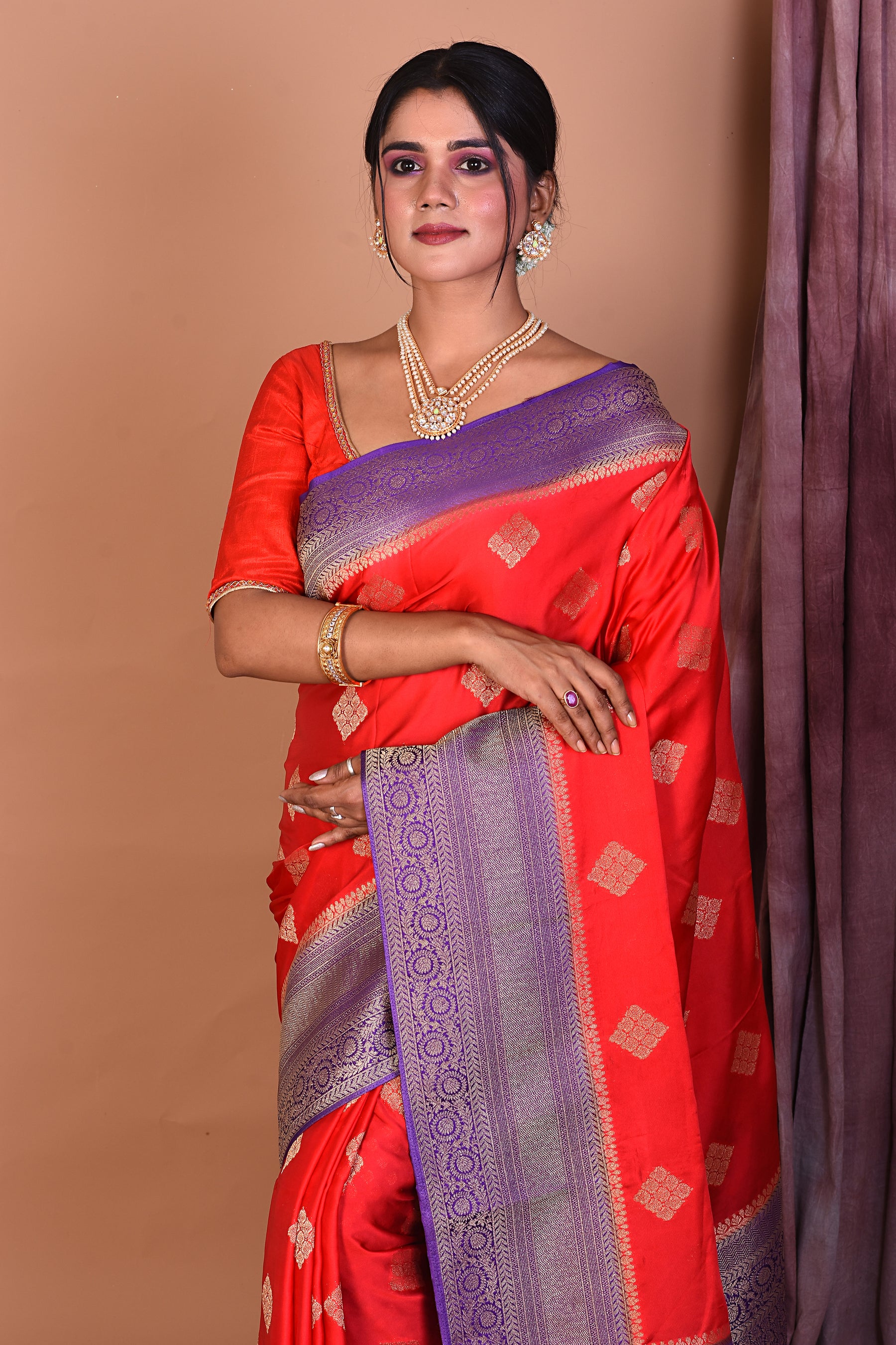 Designer Red Blended Silk Saree with Violet Borders - Keya Seth Exclusive