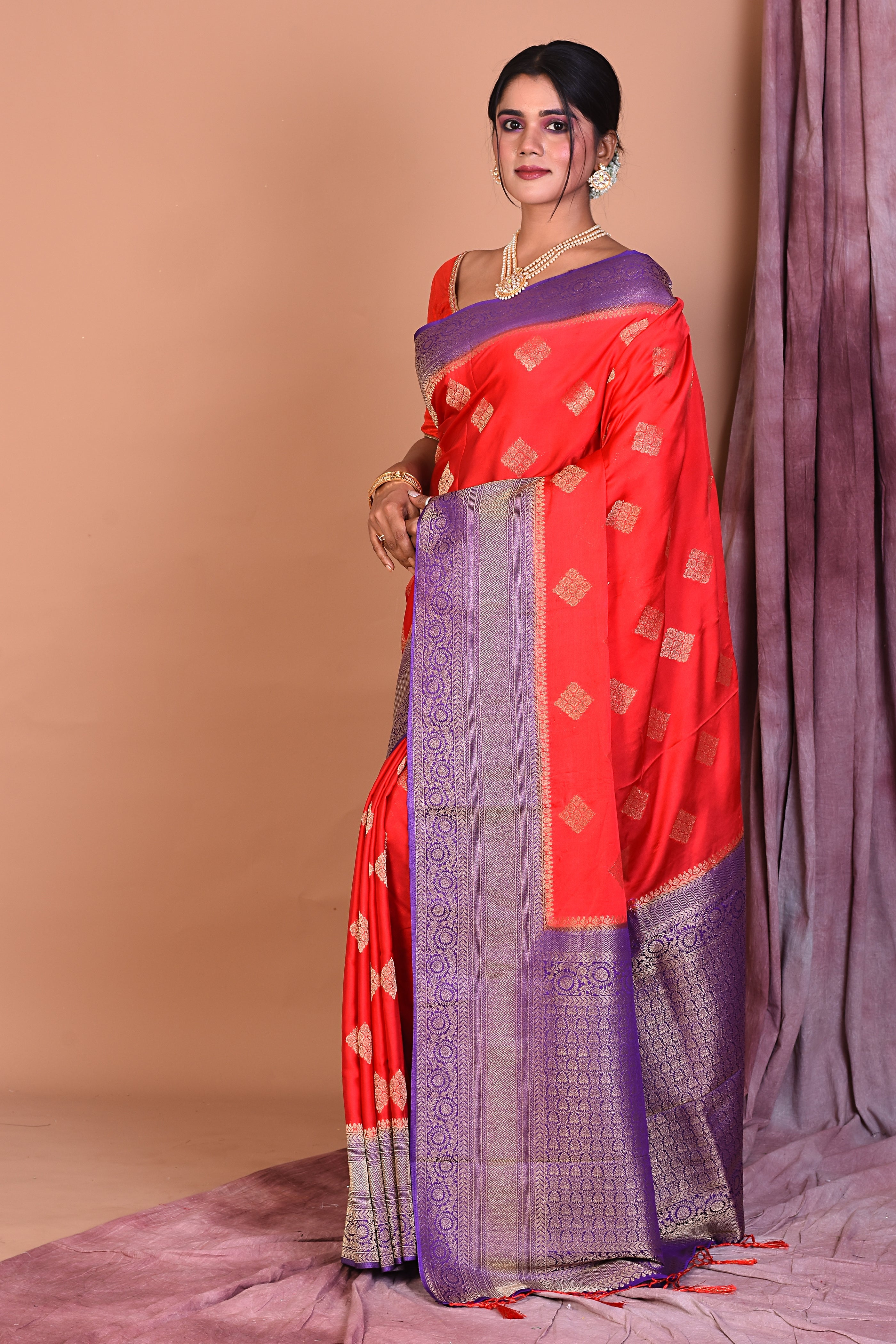 Designer Red Blended Silk Saree with Violet Borders - Keya Seth Exclusive