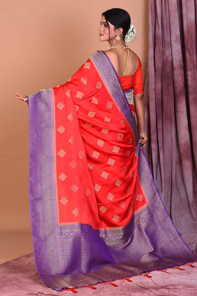 Designer Red Blended Silk Saree with Violet Borders - Keya Seth Exclusive