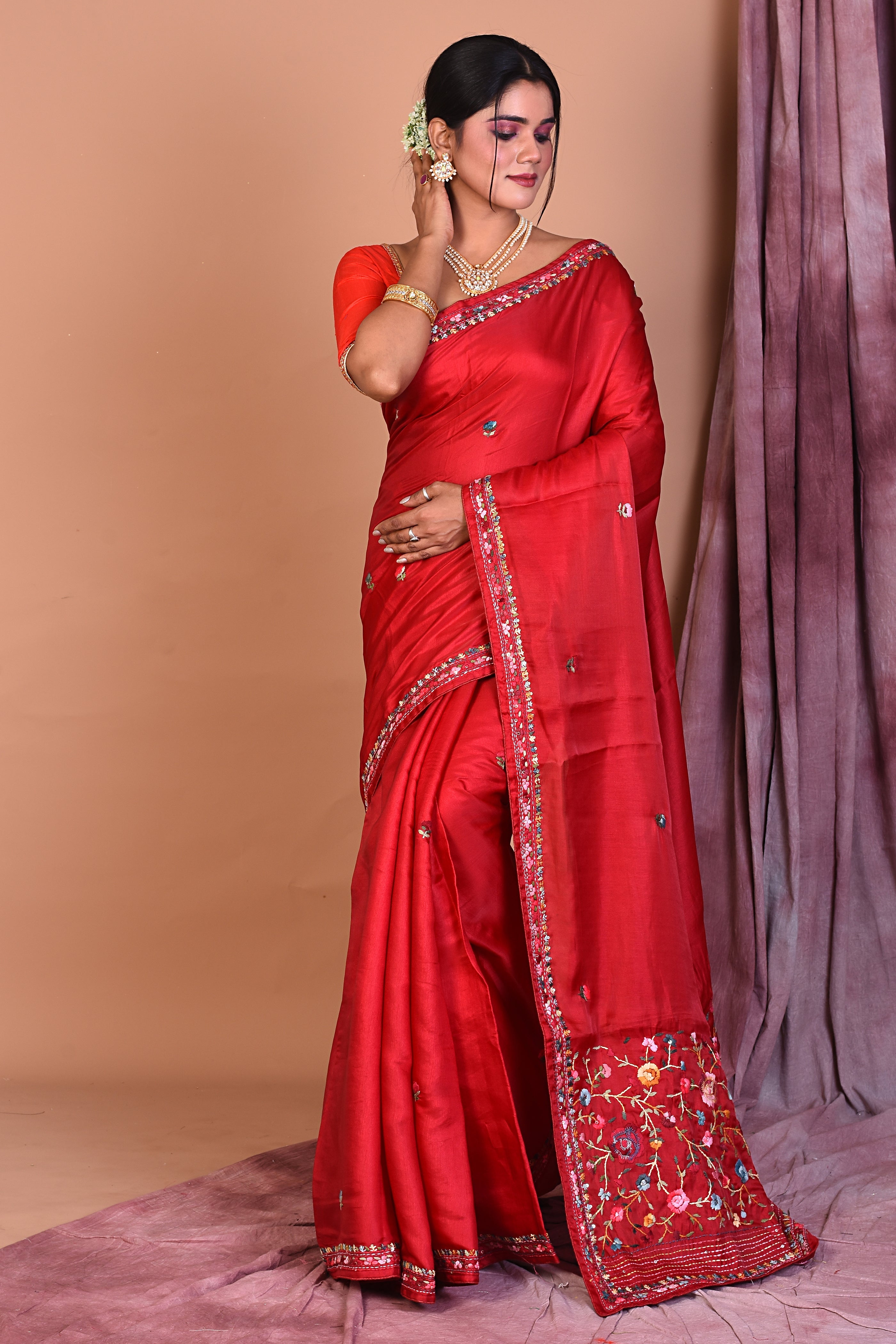 Maroon Satin Silk Saree with Threadwork - Keya Seth Exclusive