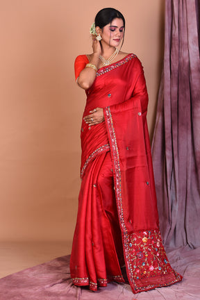 Maroon Satin Silk Saree with Threadwork - Keya Seth Exclusive