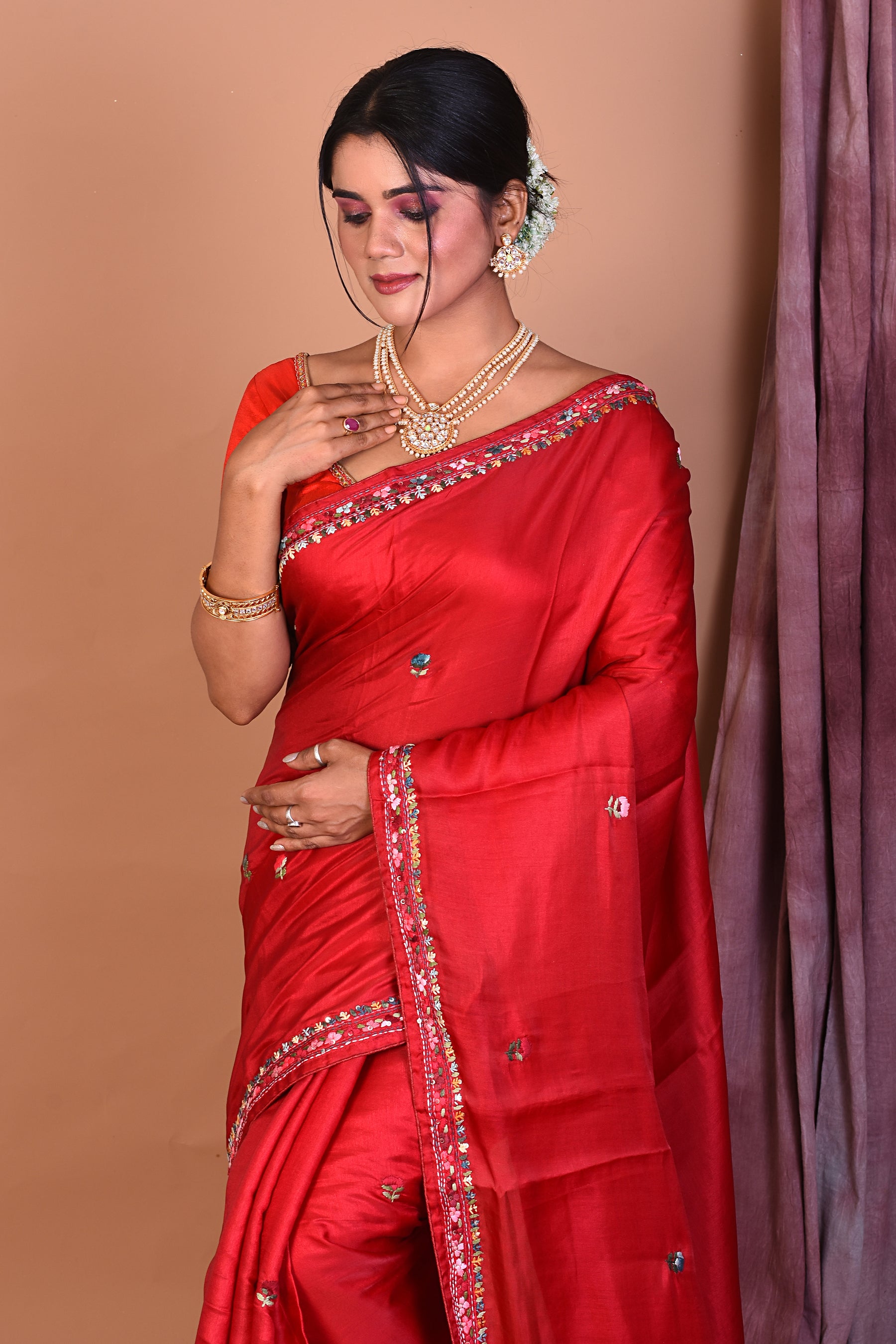 Maroon Satin Silk Saree with Threadwork - Keya Seth Exclusive