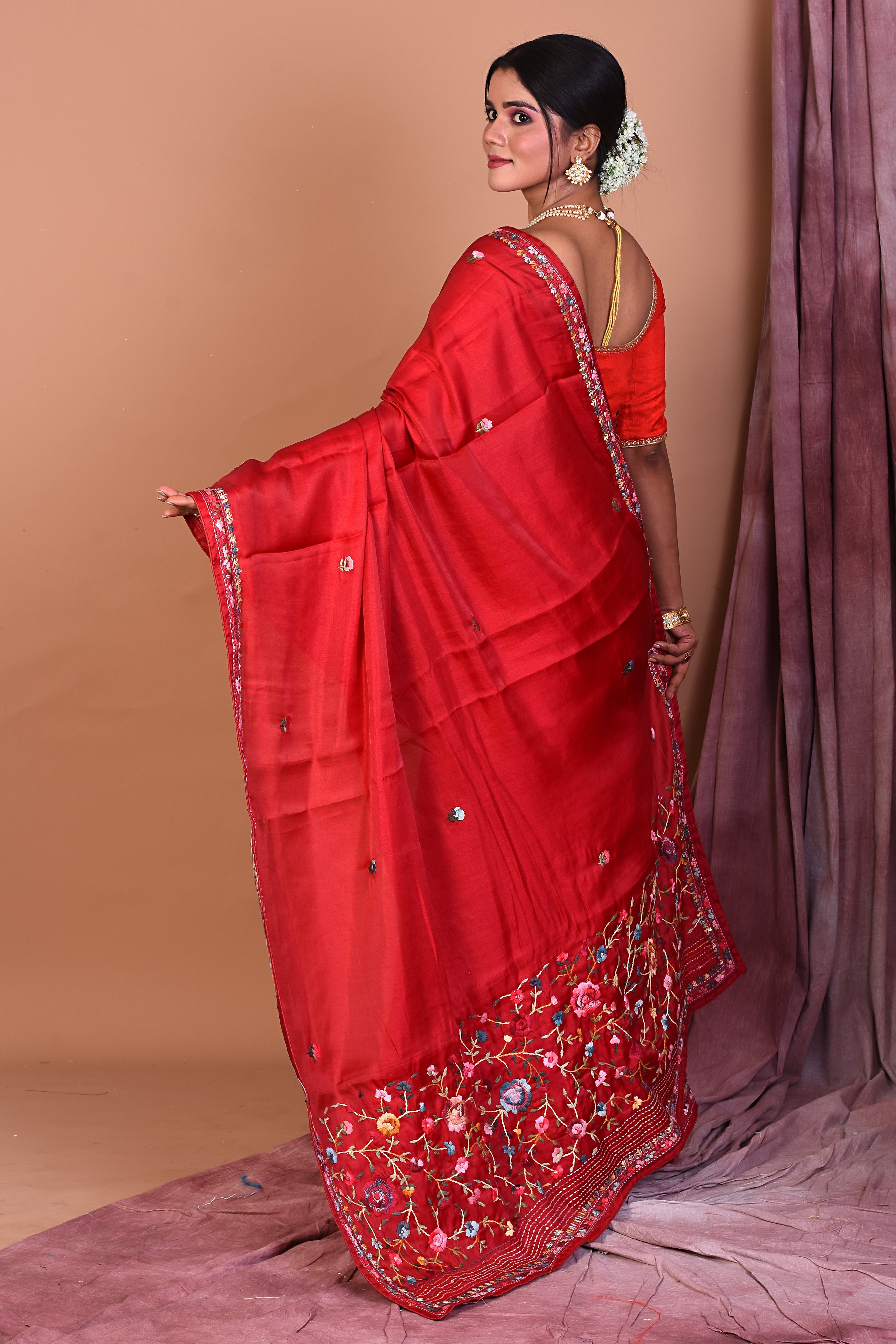 Maroon Satin Silk Saree with Threadwork - Keya Seth Exclusive