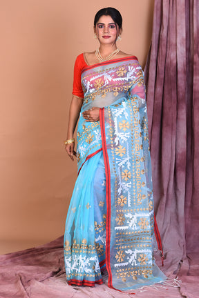 Sky Blue Blended Muslin Saree with Threadwork - Keya Seth Exclusive