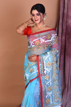 Sky Blue Blended Muslin Saree with Threadwork - Keya Seth Exclusive