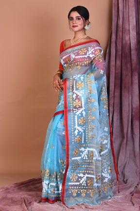 Sky Blue Blended Muslin Saree with Threadwork - Keya Seth Exclusive