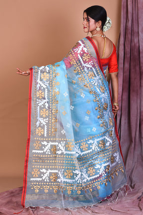 Sky Blue Blended Muslin Saree with Threadwork - Keya Seth Exclusive