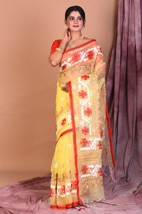 Light Yellow Blended Muslin Saree with Threadwork - Keya Seth Exclusive