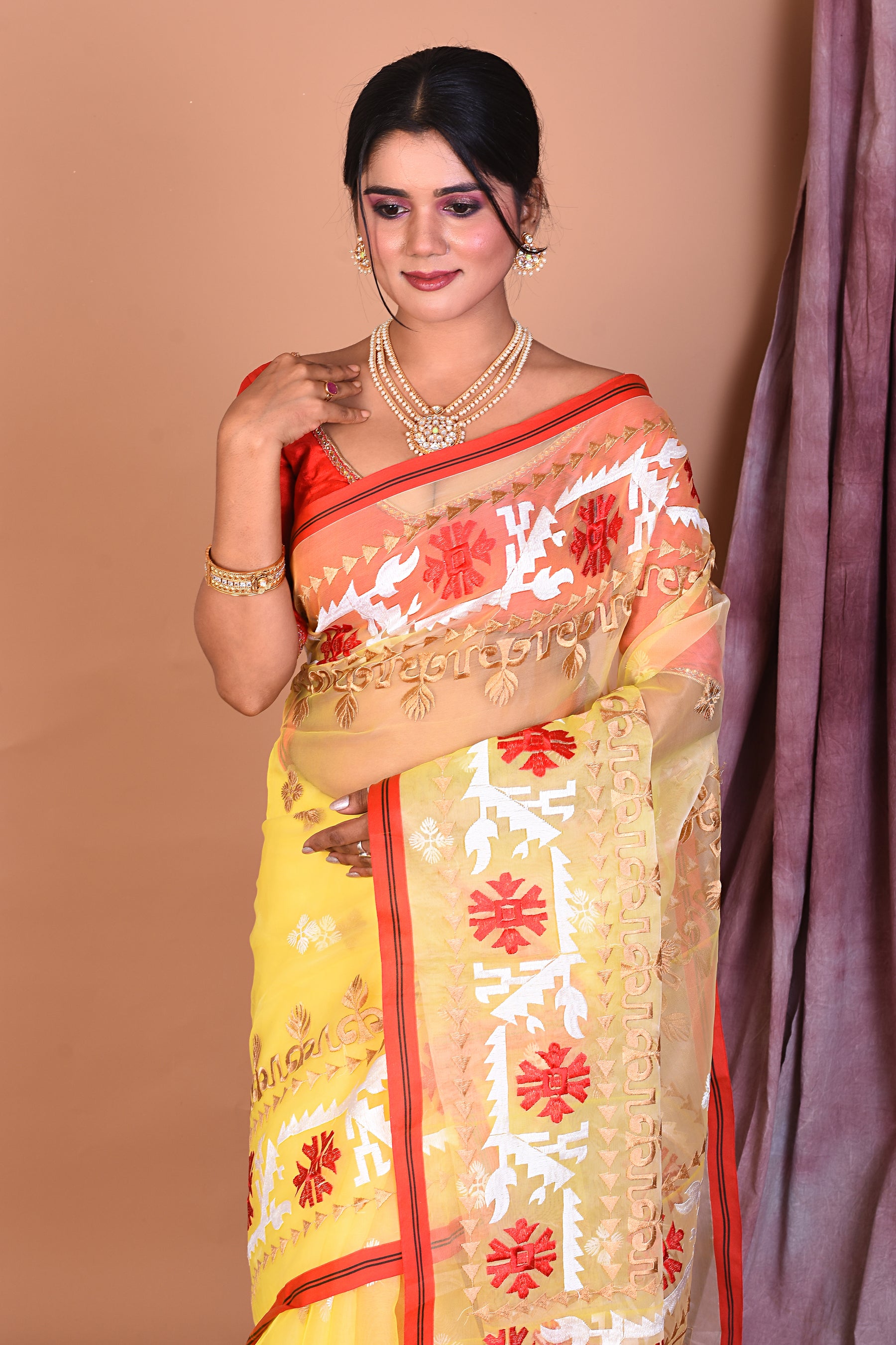 Light Yellow Blended Muslin Saree with Threadwork - Keya Seth Exclusive