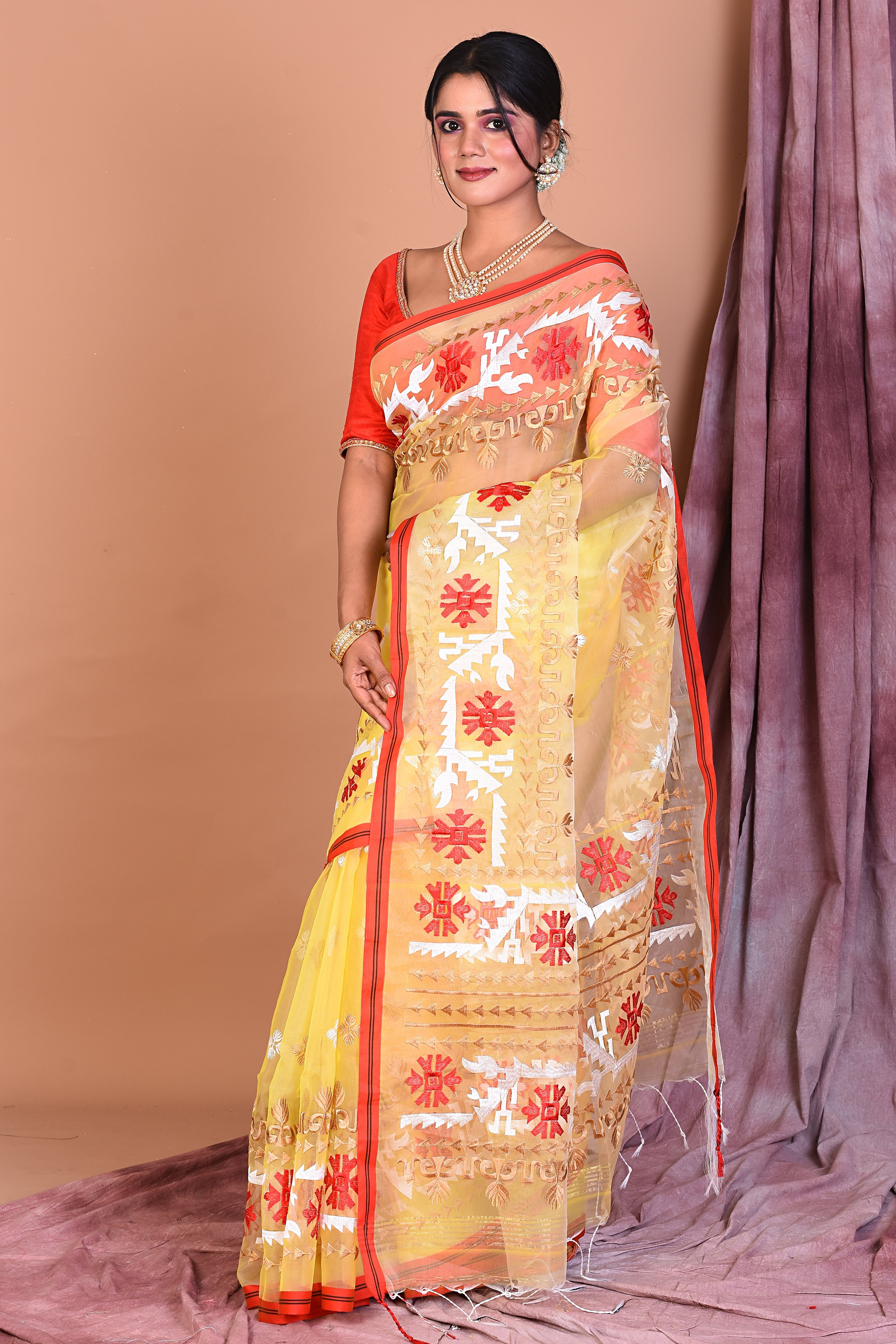 Light Yellow Blended Muslin Saree with Threadwork - Keya Seth Exclusive