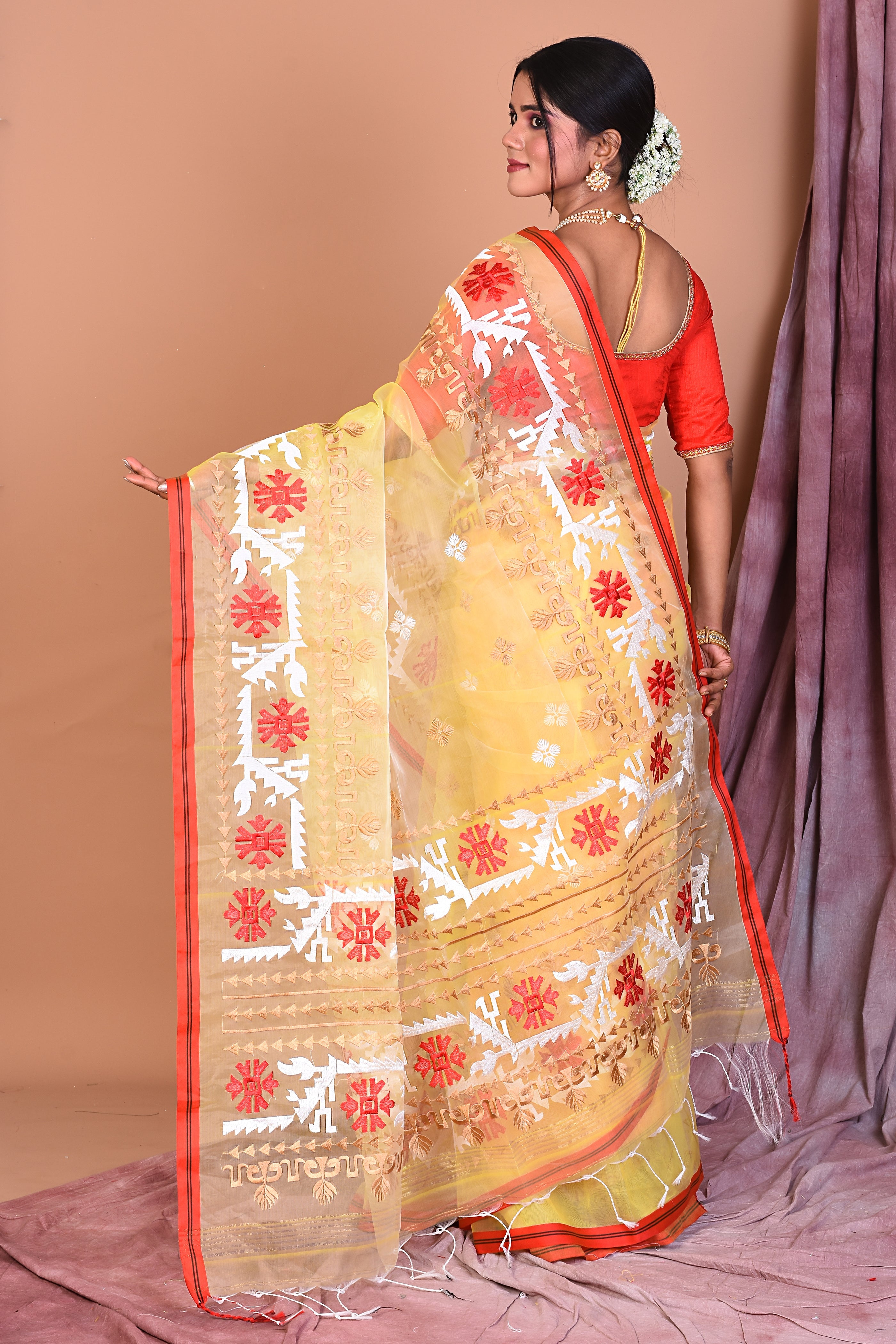 Light Yellow Blended Muslin Saree with Threadwork - Keya Seth Exclusive