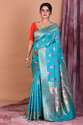 Light Blue Semi Katan Saree with Golden Borders - Keya Seth Exclusive