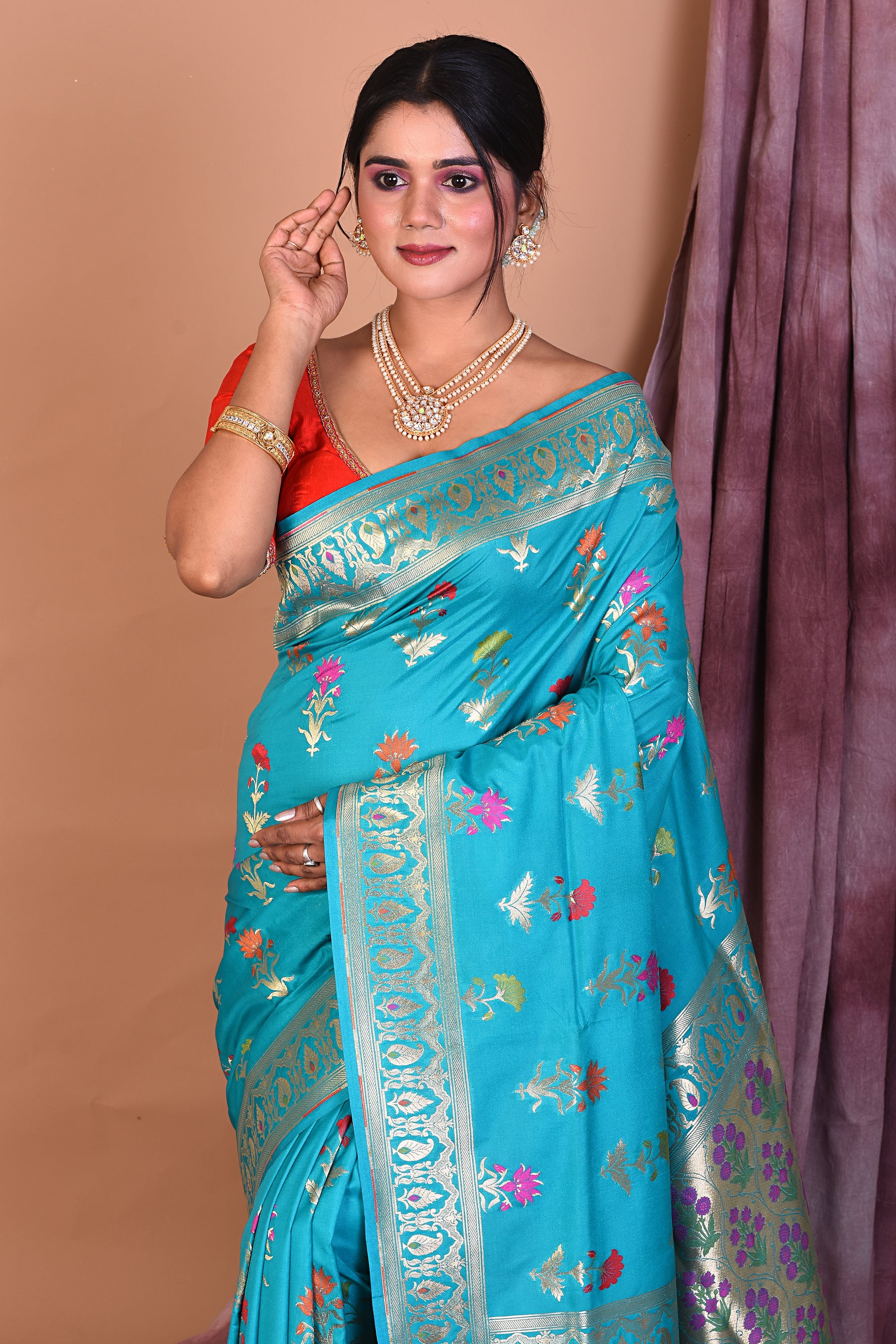 Light Blue Semi Katan Saree with Golden Borders - Keya Seth Exclusive