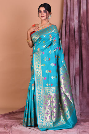 Light Blue Semi Katan Saree with Golden Borders - Keya Seth Exclusive