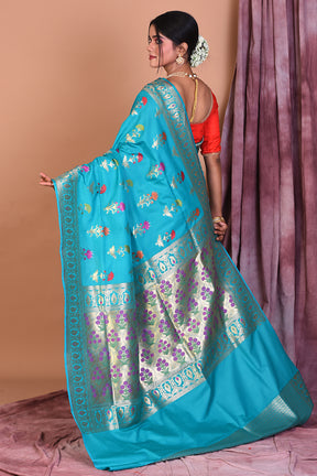 Light Blue Semi Katan Saree with Golden Borders - Keya Seth Exclusive