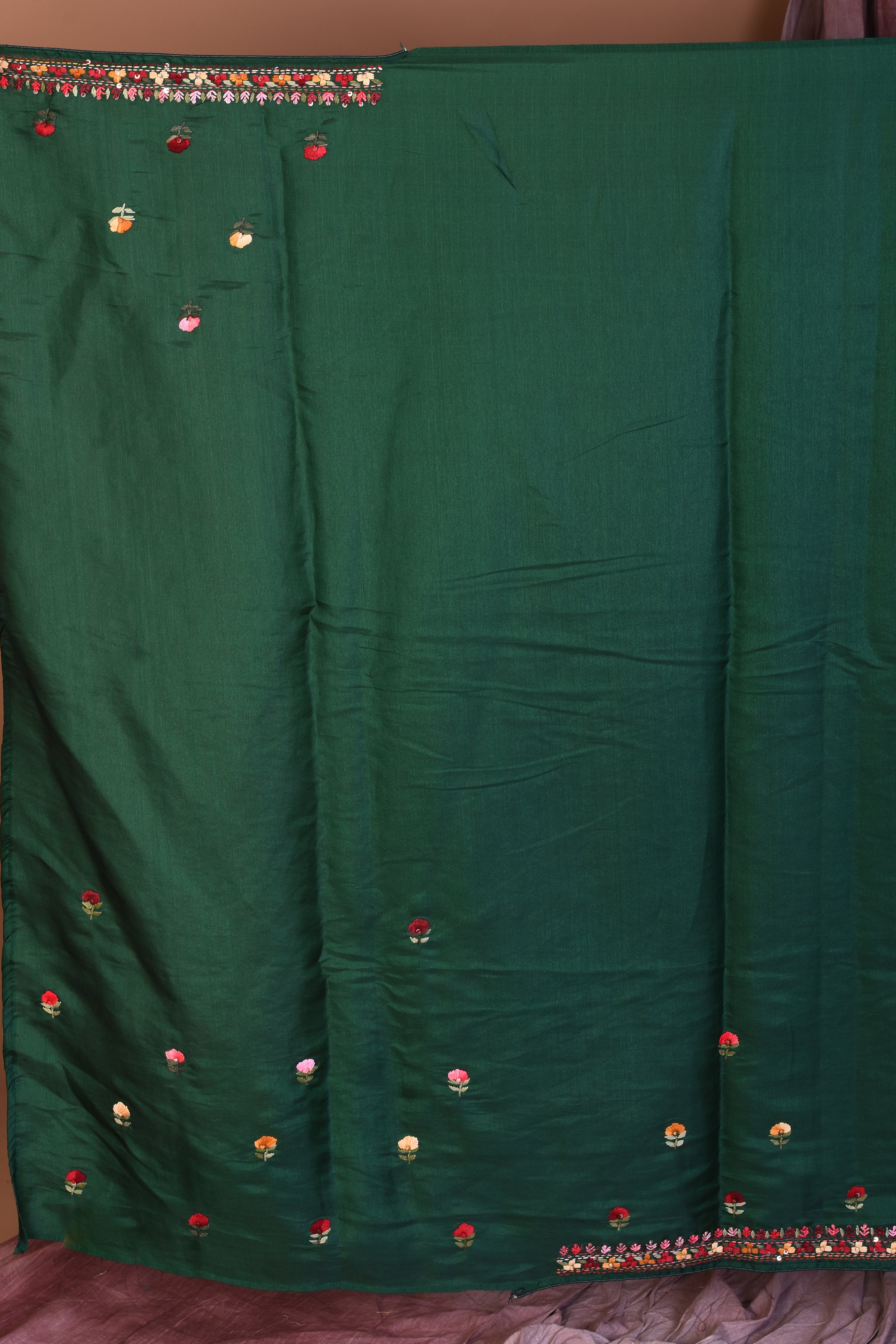 Deep Green Satin Silk Saree with Threadwork - Keya Seth Exclusive