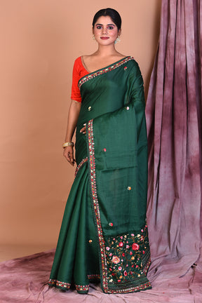 Deep Green Satin Silk Saree with Threadwork - Keya Seth Exclusive