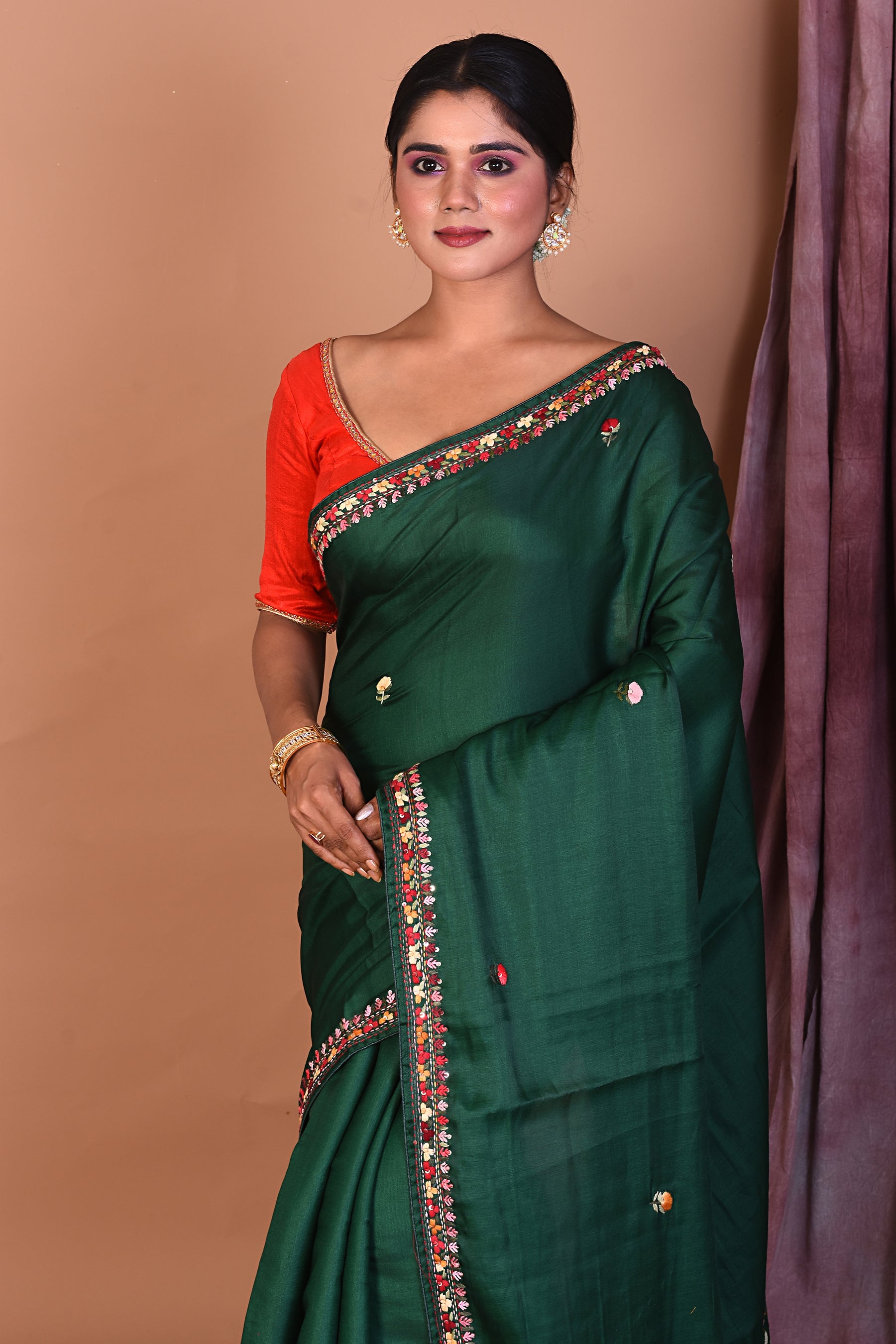 Deep Green Satin Silk Saree with Threadwork - Keya Seth Exclusive