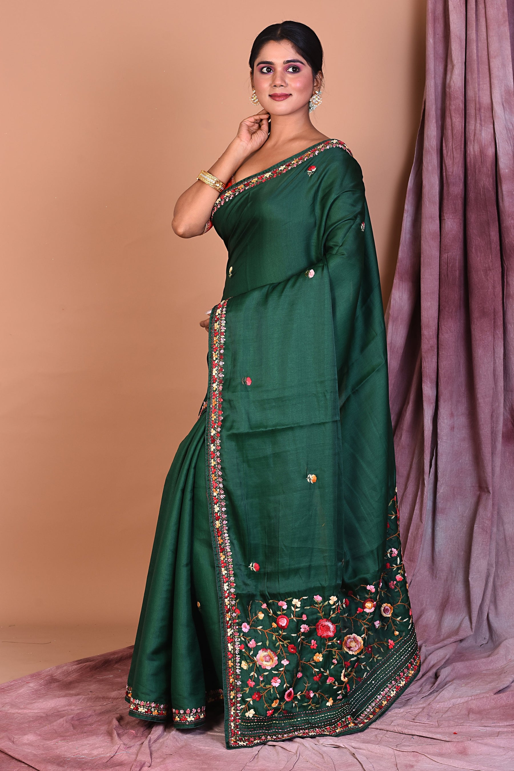 Deep Green Satin Silk Saree with Threadwork - Keya Seth Exclusive