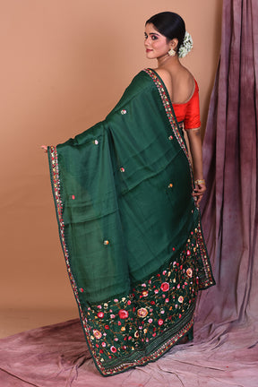 Deep Green Satin Silk Saree with Threadwork - Keya Seth Exclusive