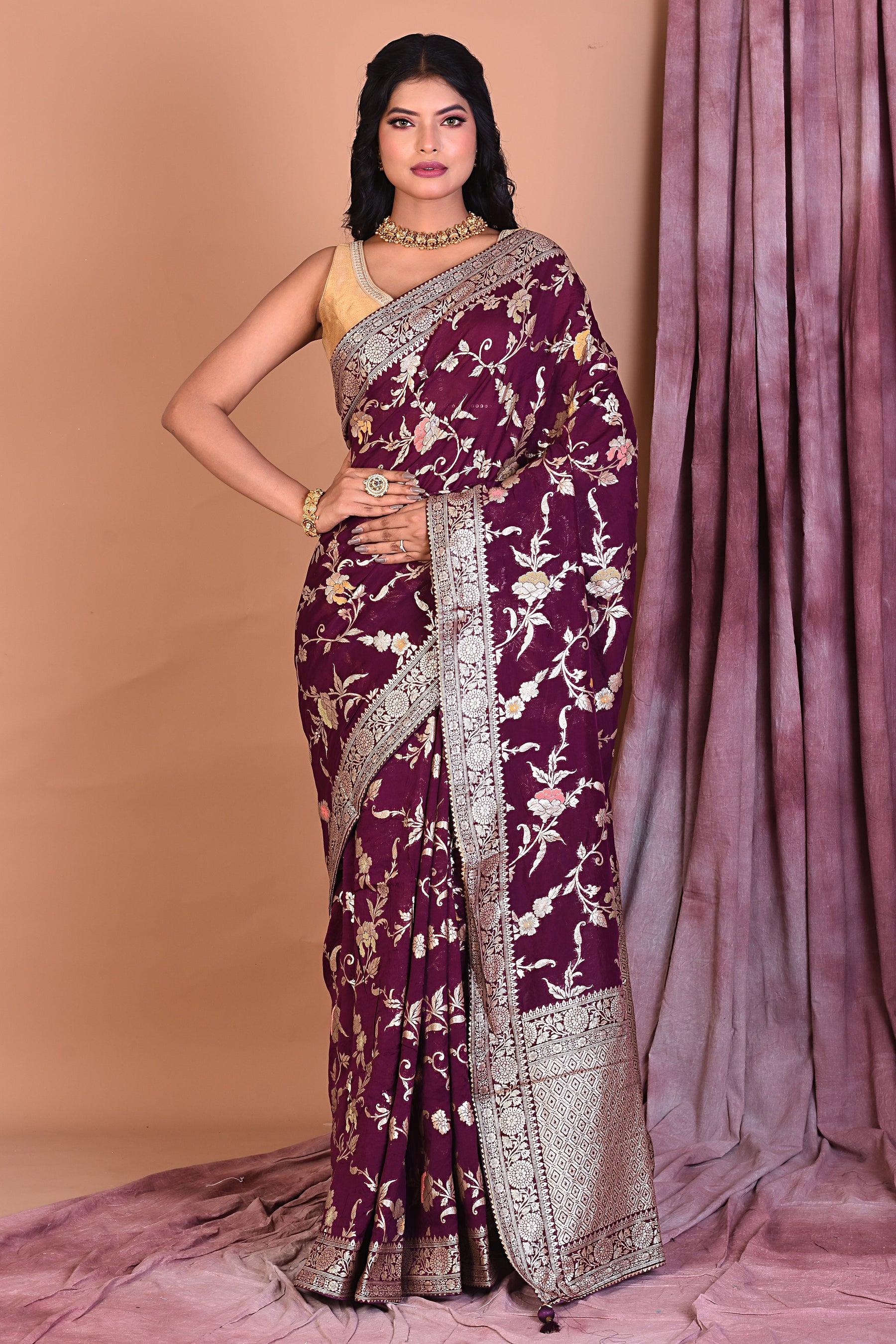 Wine Blended Georgette Saree with Floral Work - Keya Seth Exclusive