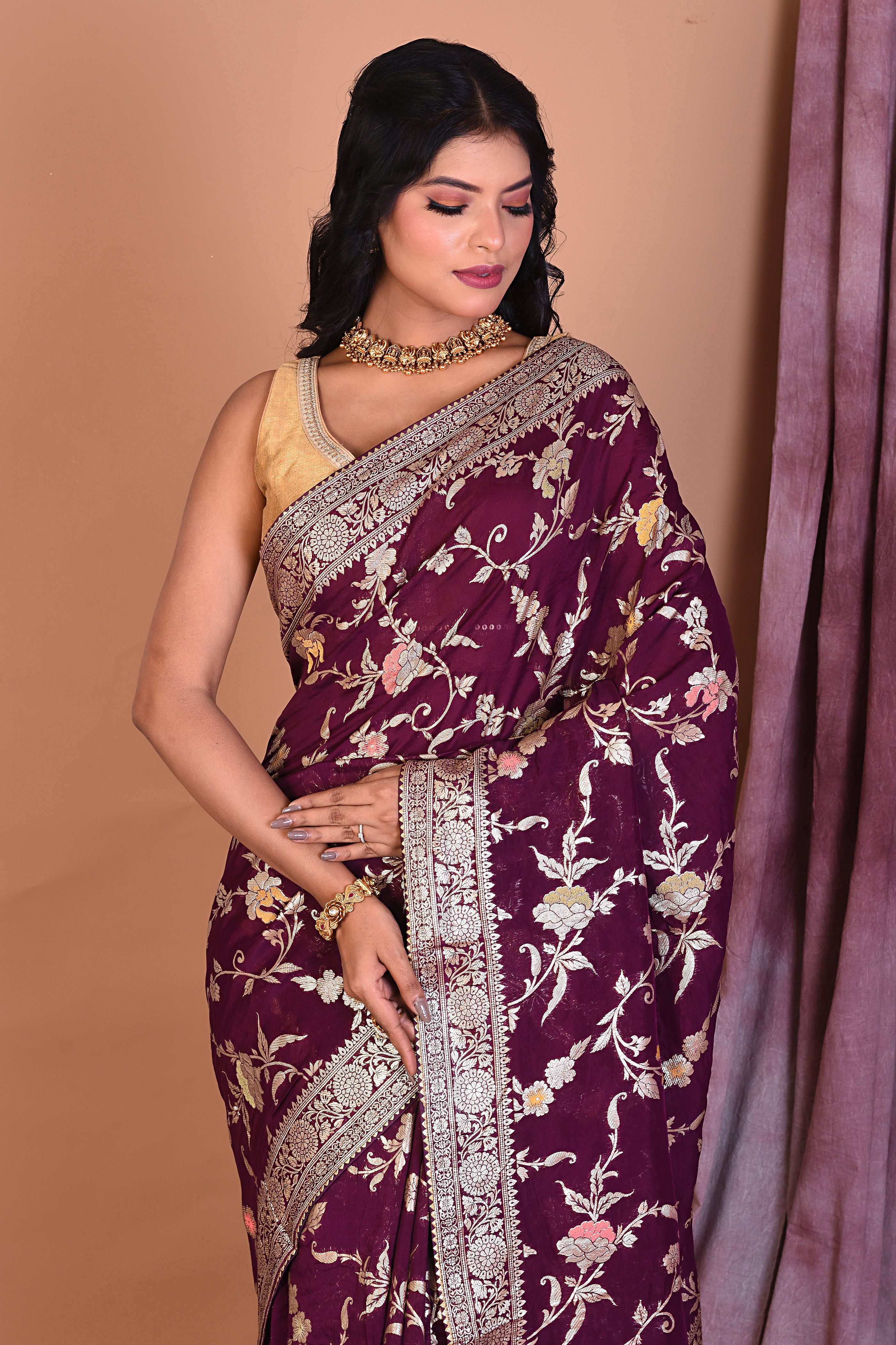 Wine Blended Georgette Saree with Floral Work - Keya Seth Exclusive