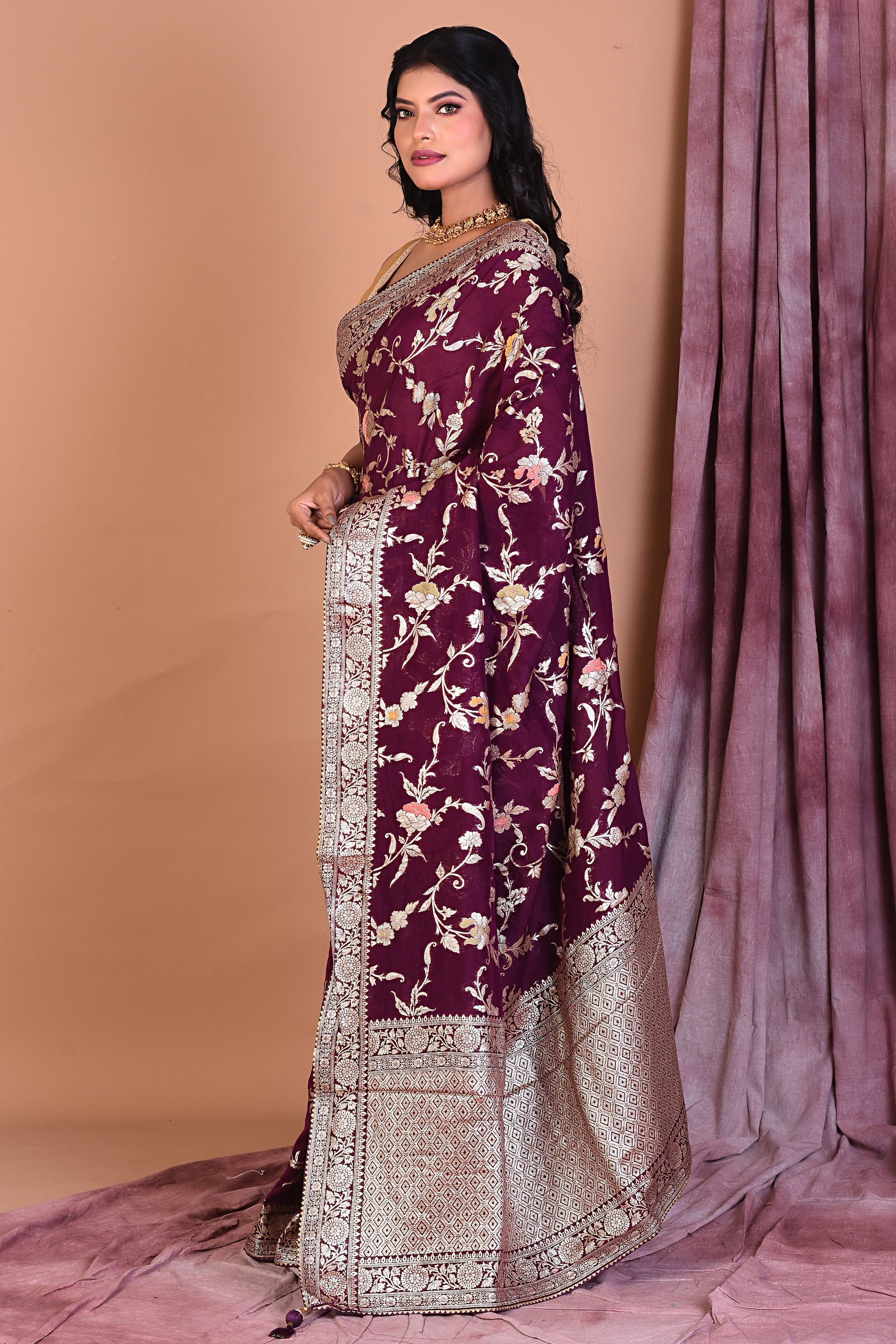 Wine Blended Georgette Saree with Floral Work - Keya Seth Exclusive