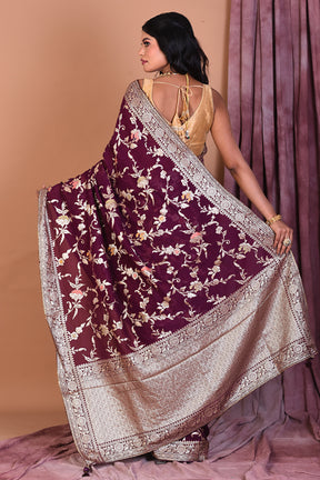 Wine Blended Georgette Saree with Floral Work - Keya Seth Exclusive