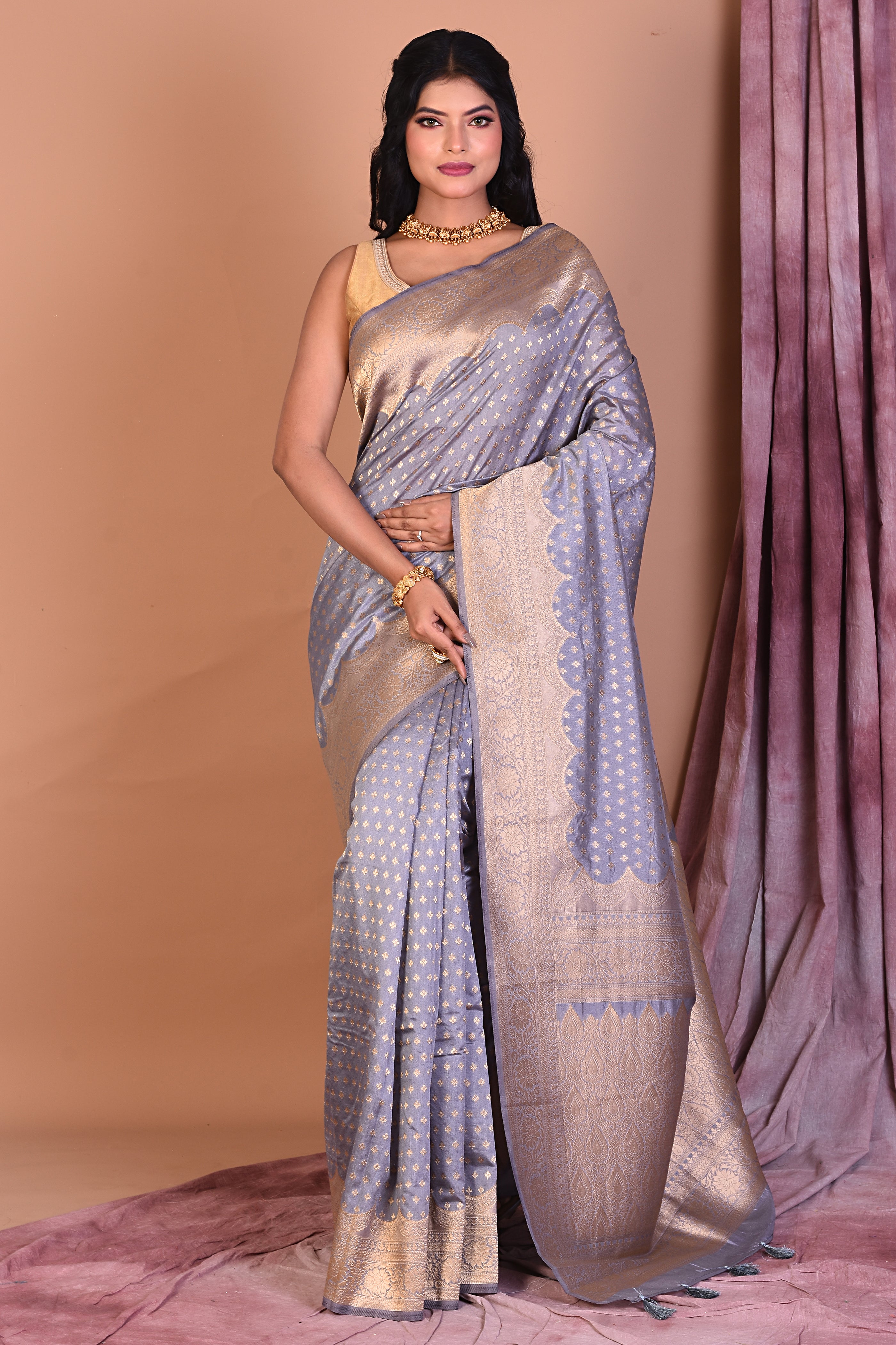 Grey Semi Katan Saree with Golden Zari - Keya Seth Exclusive