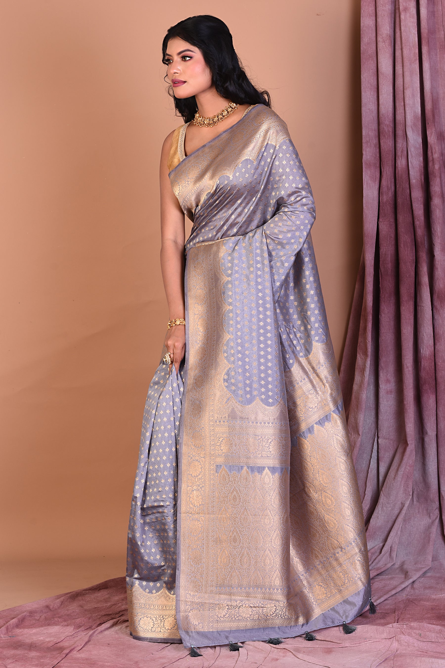 Grey Semi Katan Saree with Golden Zari - Keya Seth Exclusive