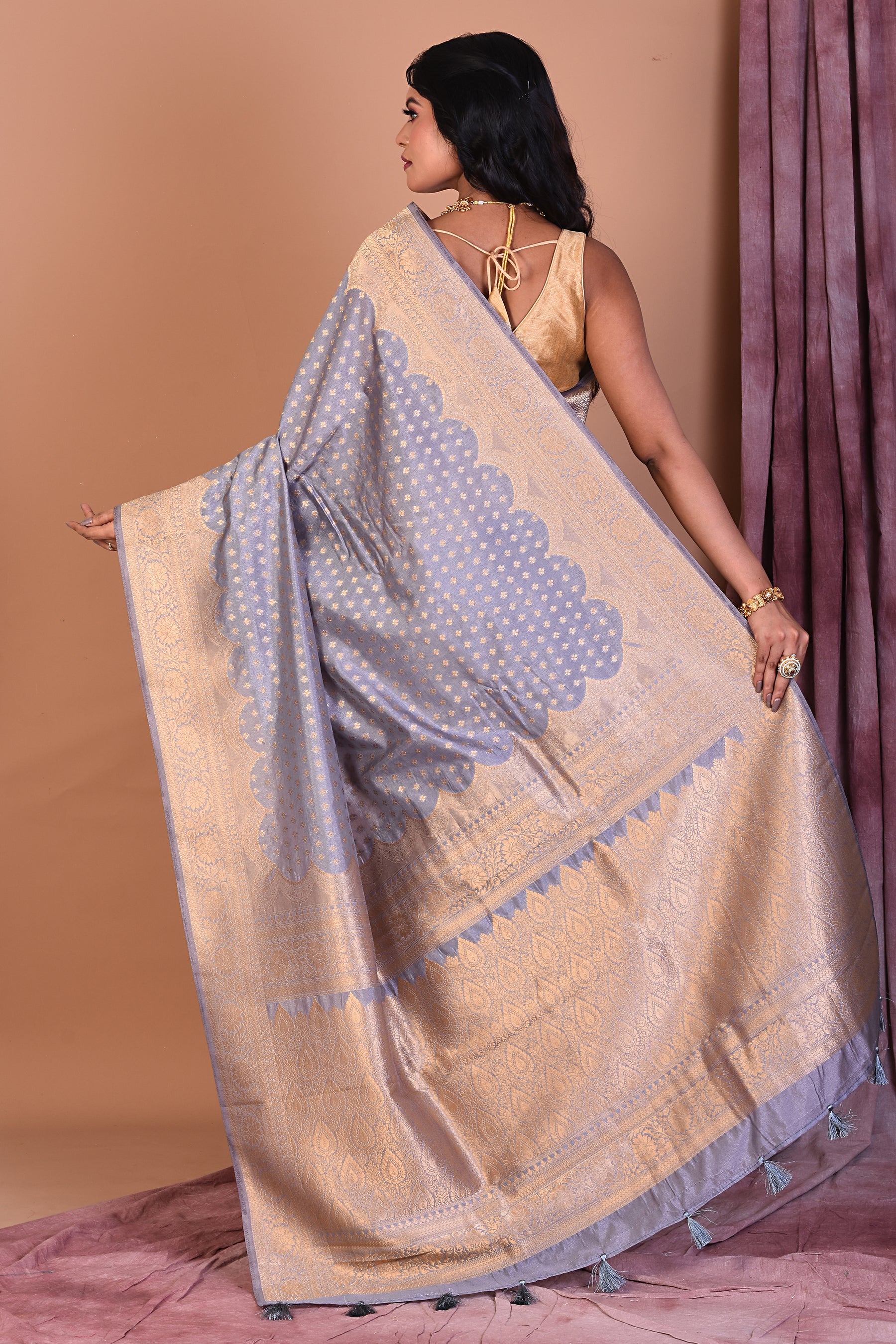 Grey Semi Katan Saree with Golden Zari - Keya Seth Exclusive