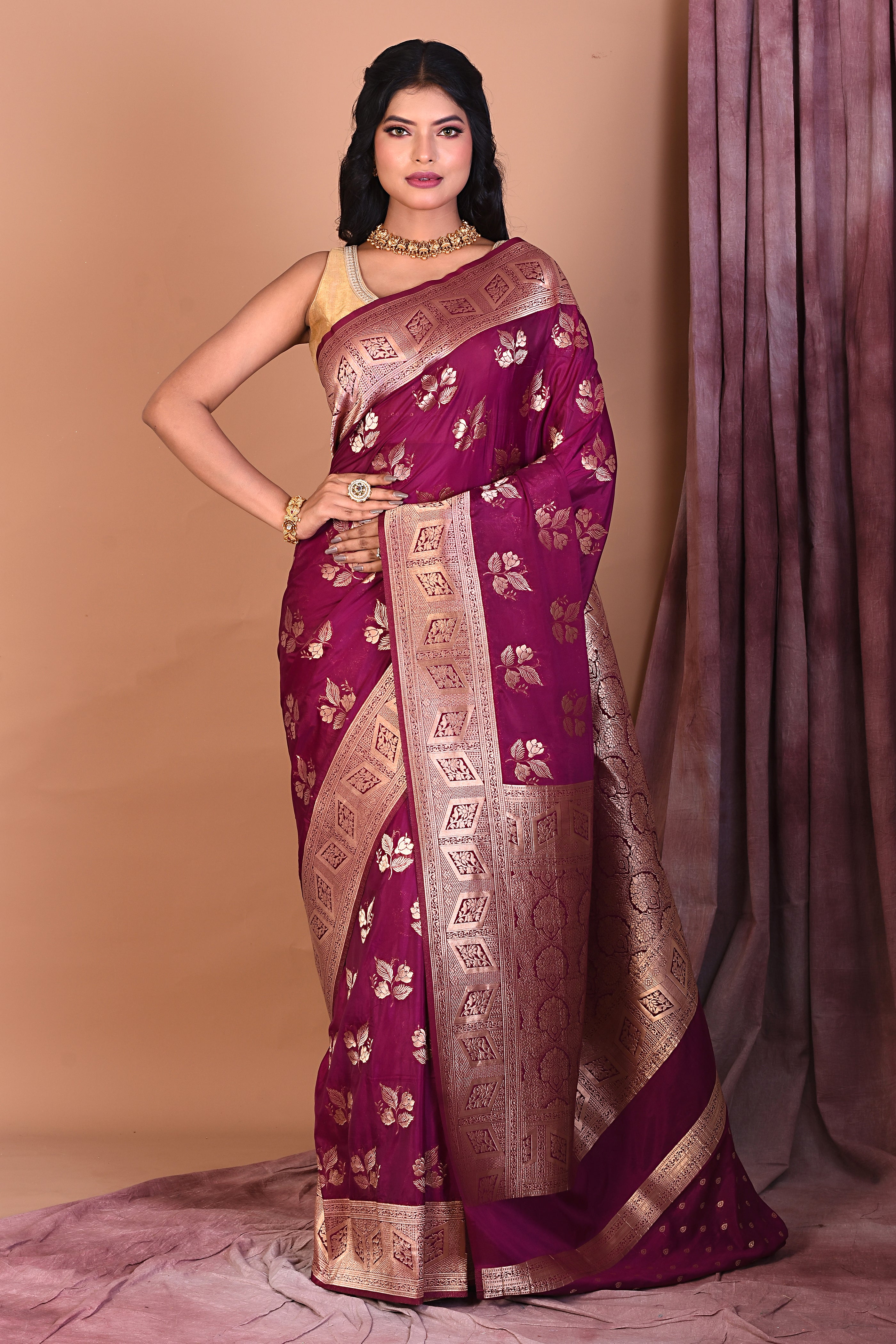 Magenta Blended Organza Saree with Golden Zari - Keya Seth Exclusive