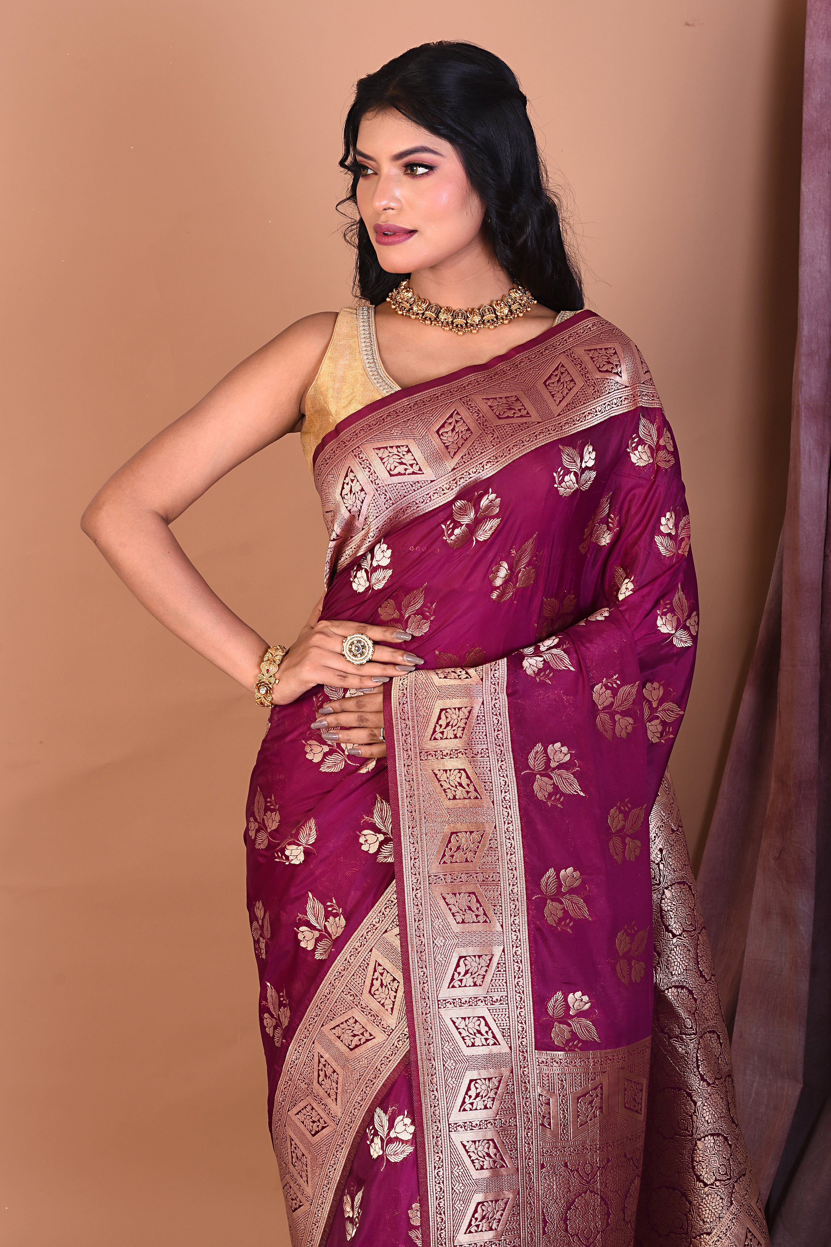 Magenta Blended Organza Saree with Golden Zari - Keya Seth Exclusive