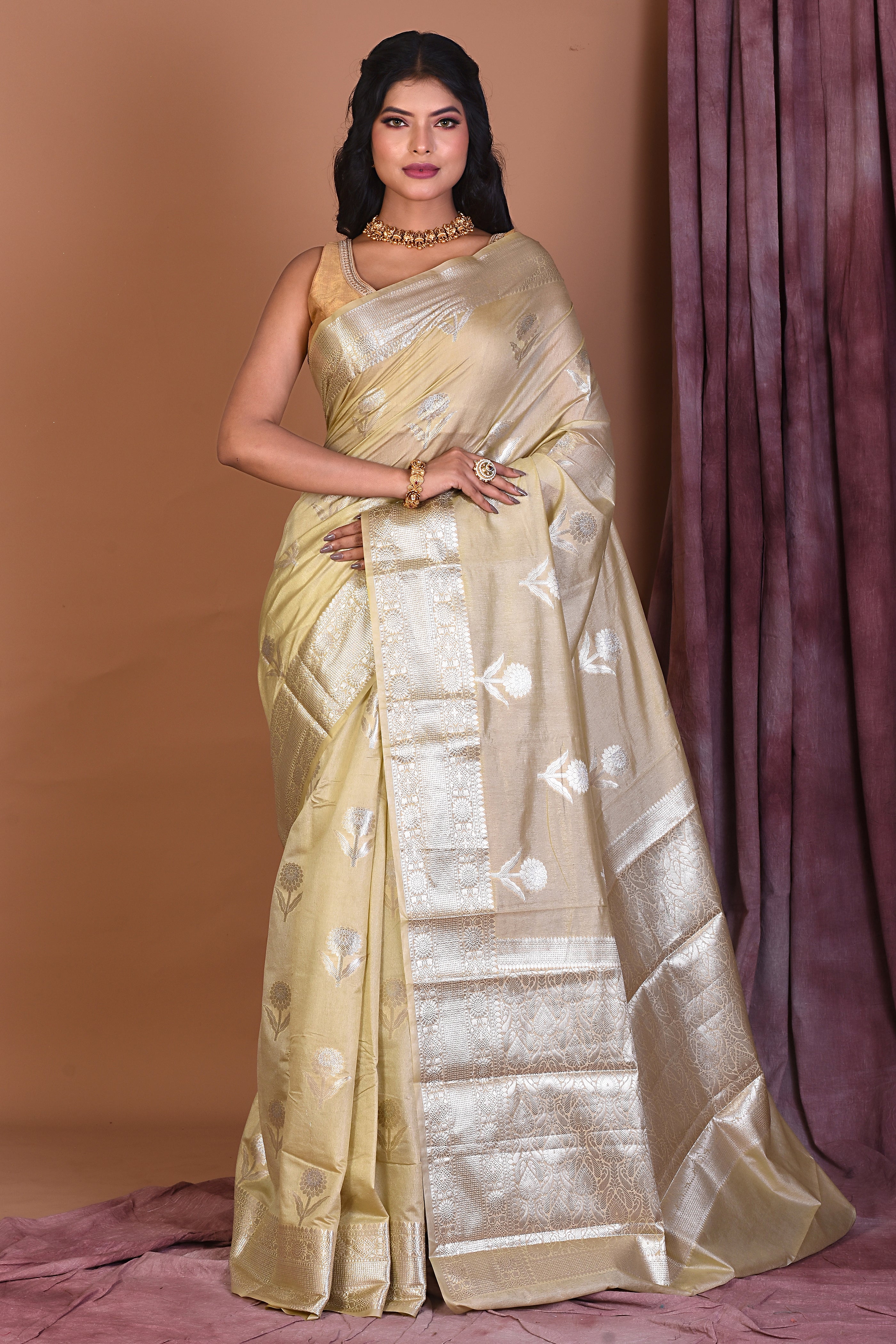 Off-white Blended Katan Saree with Golden Zari - Keya Seth Exclusive