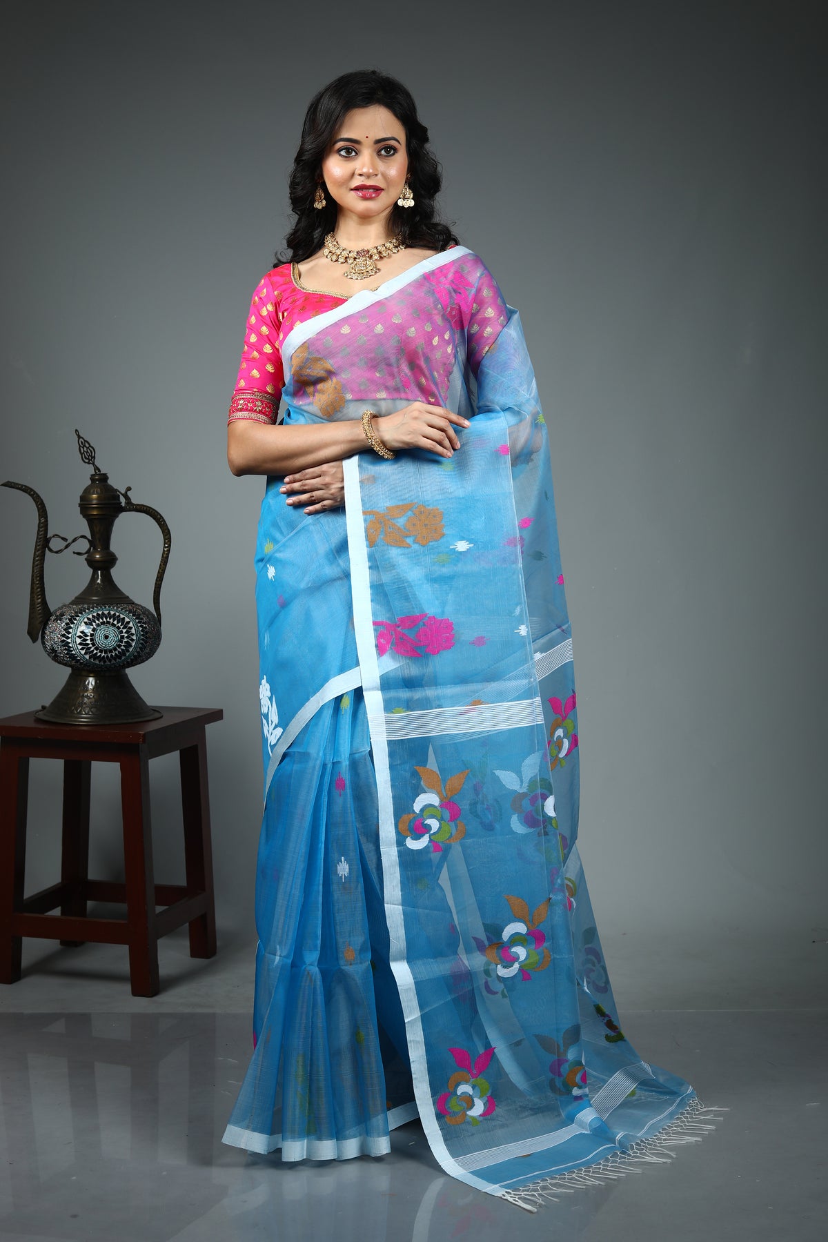 Blue Pure Muslin Saree